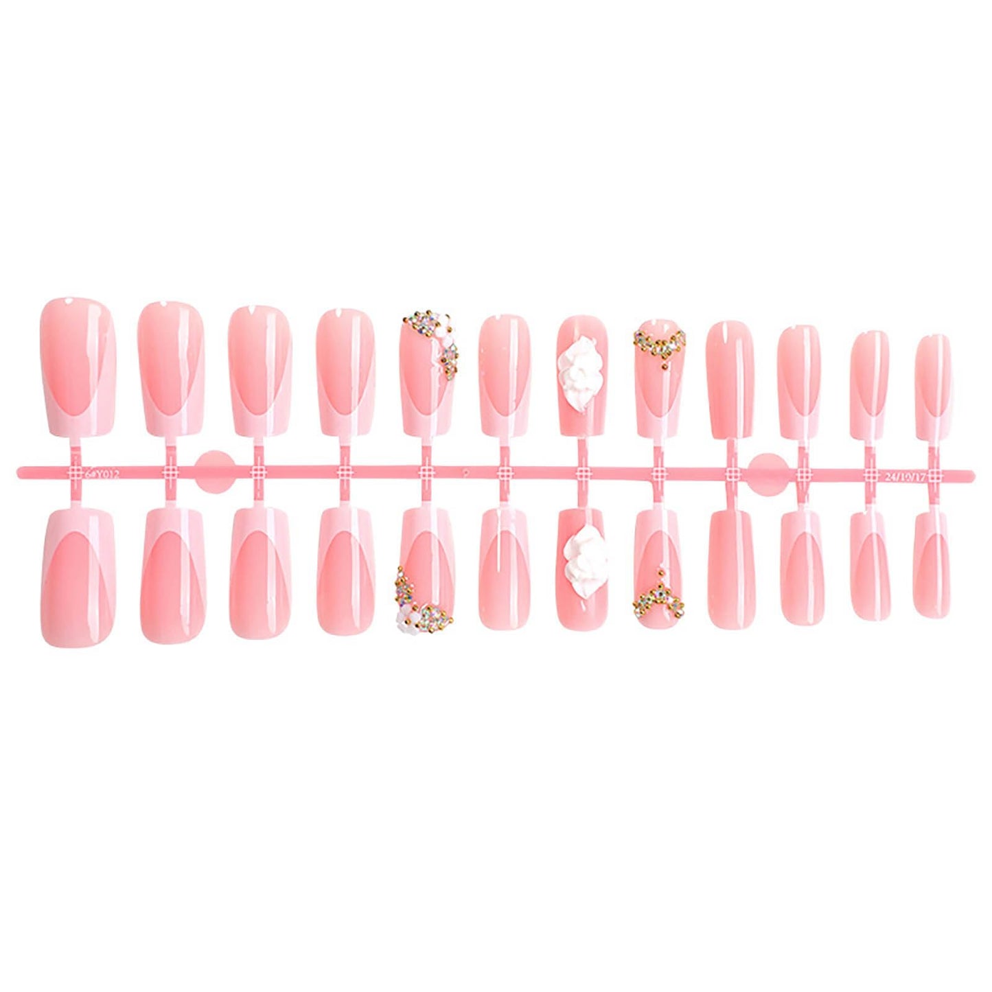 24Pcs Red French Tip Fake Nails Long Square Press on Nails pink Full Cover Glue on Nails with 3D Flower
