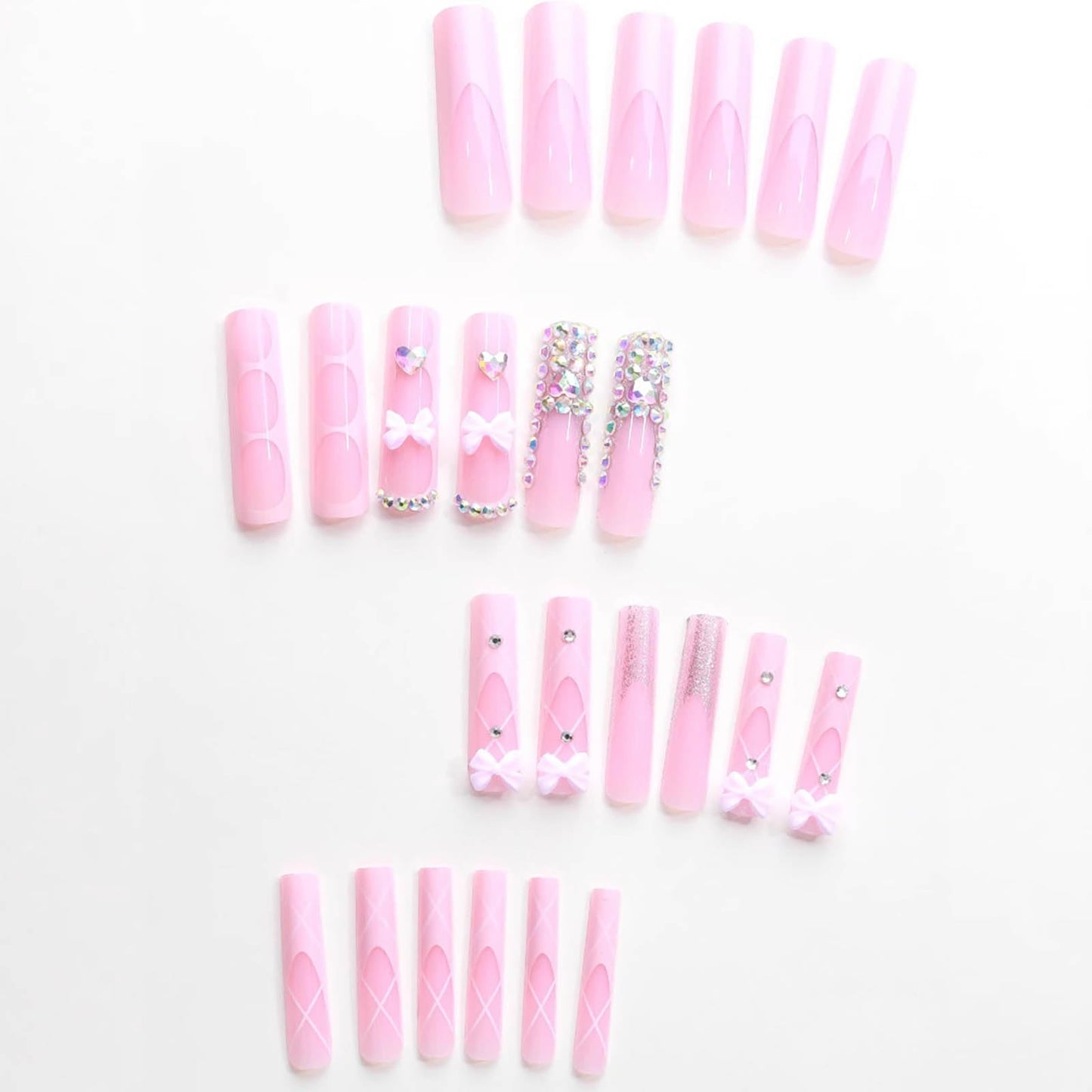 24Pcs Red French Tip Fake Nails Long Square Press on Nails pink Full Cover Glue on Nails with 3D Flower