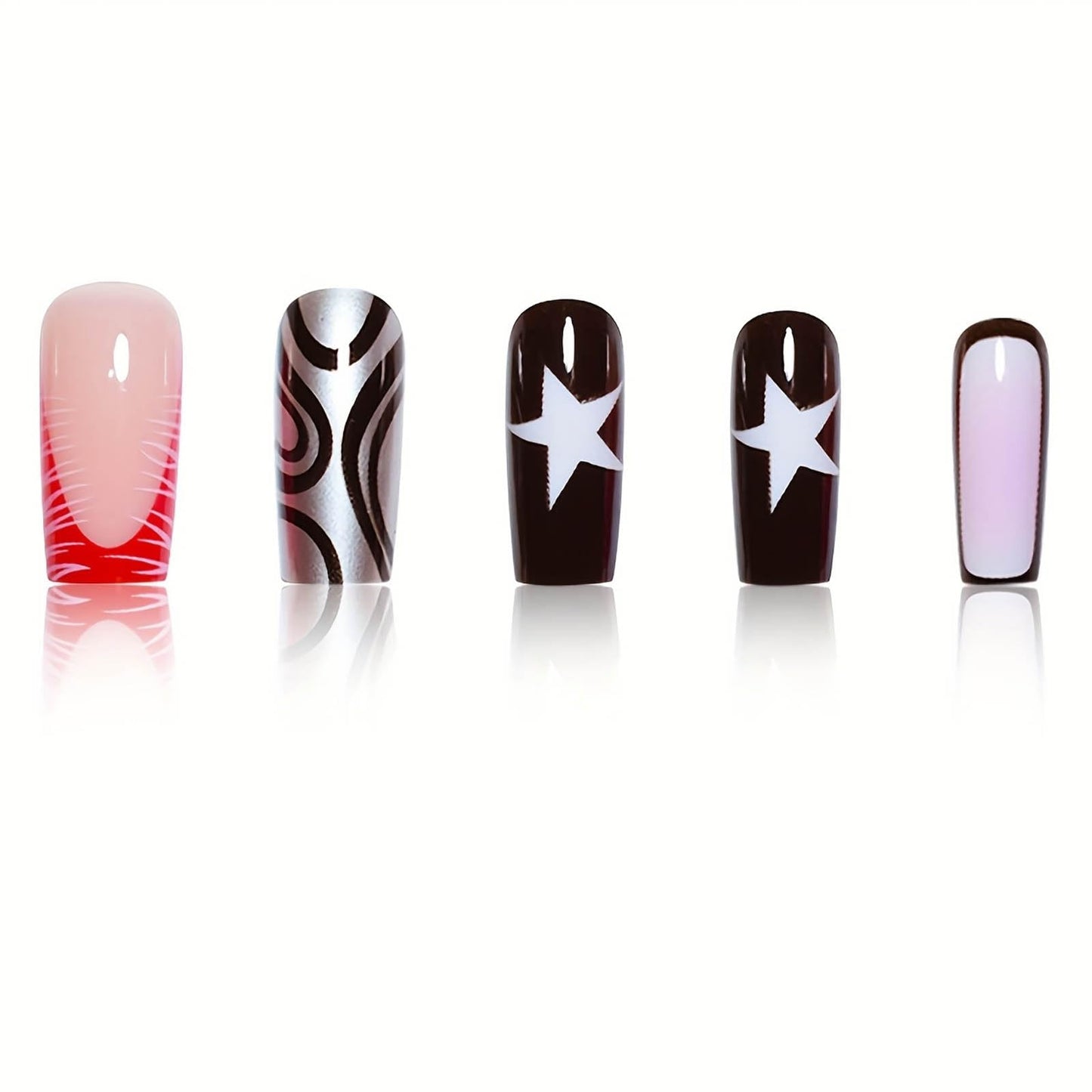 24Pcs Red French Tip Fake Nails Long Square Press on Nails pink Full Cover Glue on Nails with 3D Flower