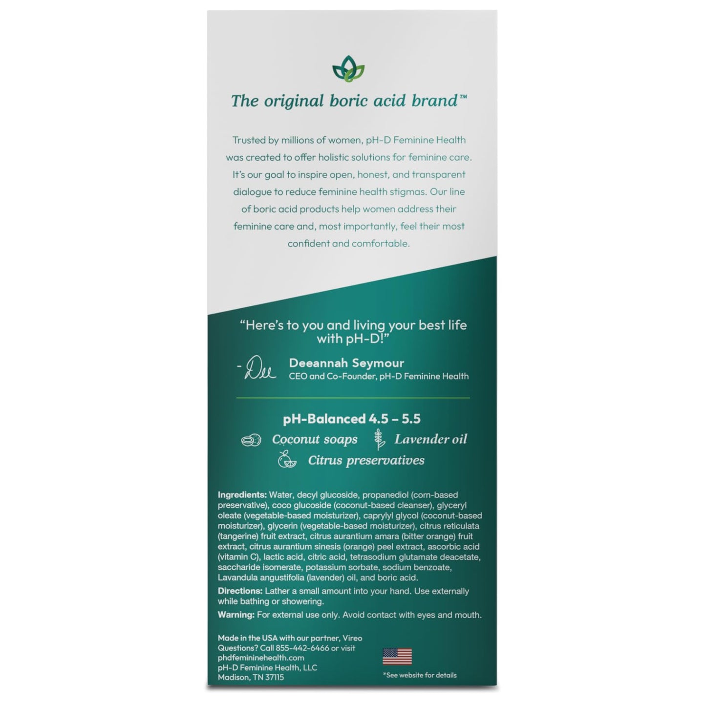 pH-D Feminine Health Support - Boric Acid Foam Wash - pH-Balanced, Paraben-Free, and Plant-based