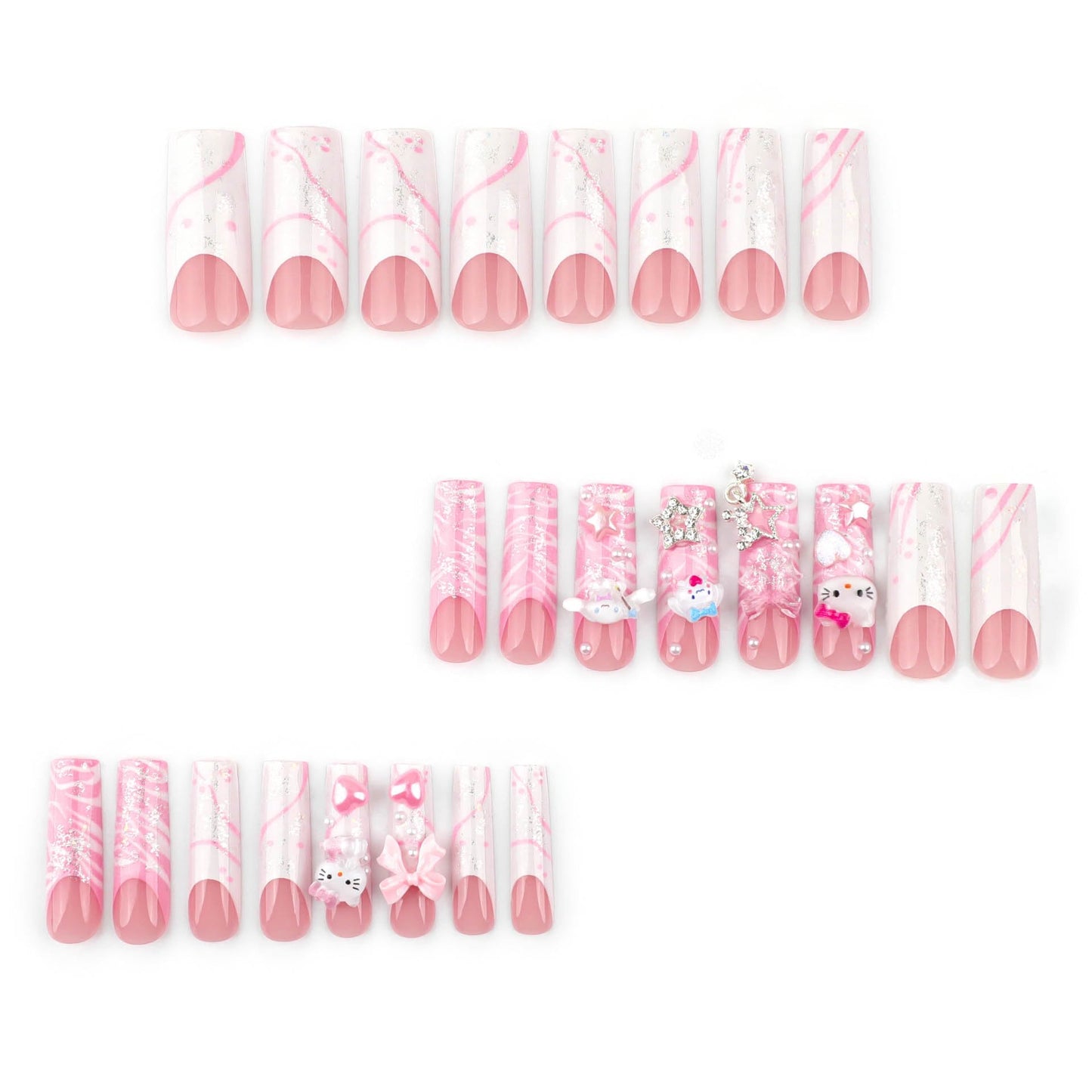 24Pcs Red French Tip Fake Nails Long Square Press on Nails pink Full Cover Glue on Nails with 3D Flower