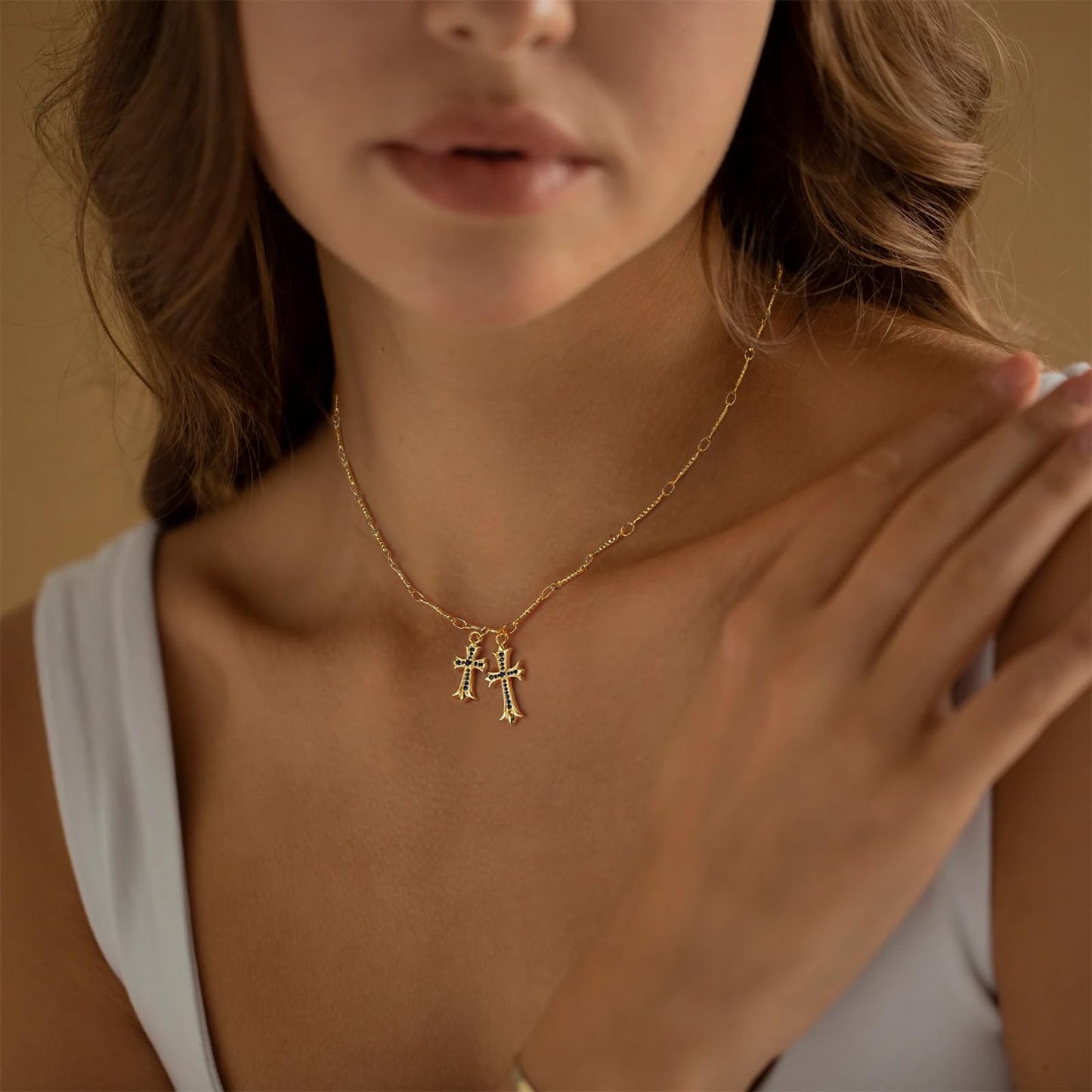 Cross Necklace 14K Gold/Silver Plated Double Cross Pendant Necklace