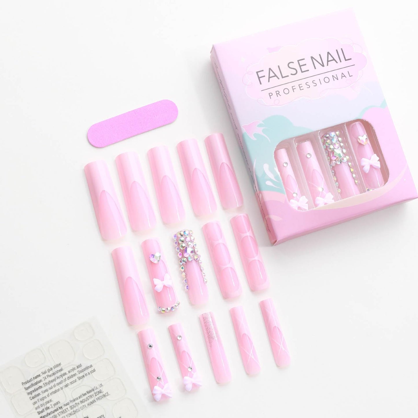 24Pcs Red French Tip Fake Nails Long Square Press on Nails pink Full Cover Glue on Nails with 3D Flower