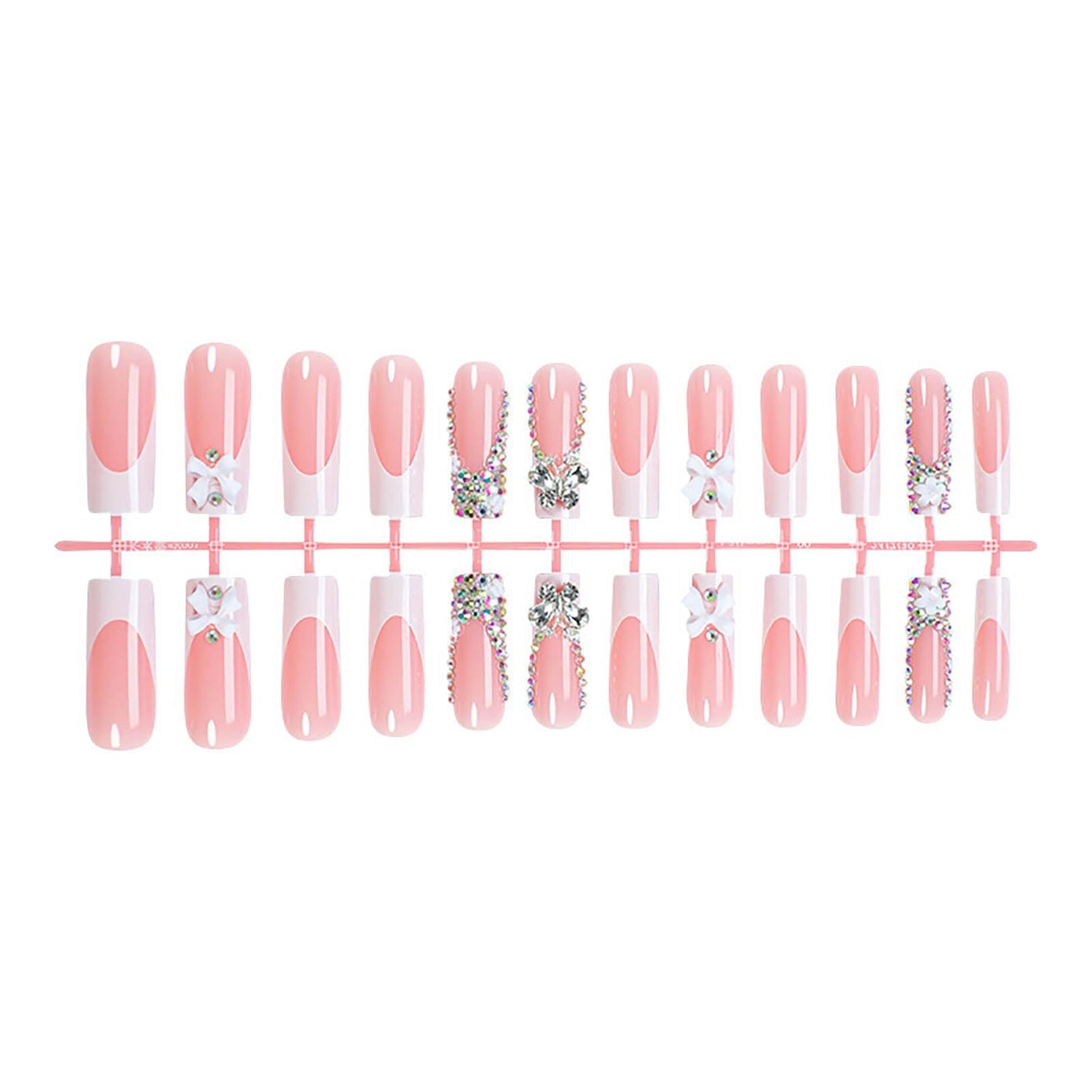 24Pcs Red French Tip Fake Nails Long Square Press on Nails pink Full Cover Glue on Nails with 3D Flower