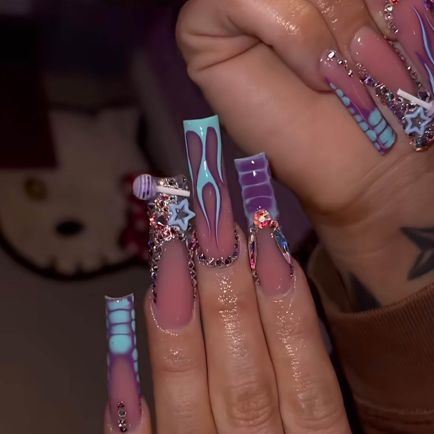 24Pcs Red French Tip Fake Nails Long Square Press on Nails pink Full Cover Glue on Nails with 3D Flower