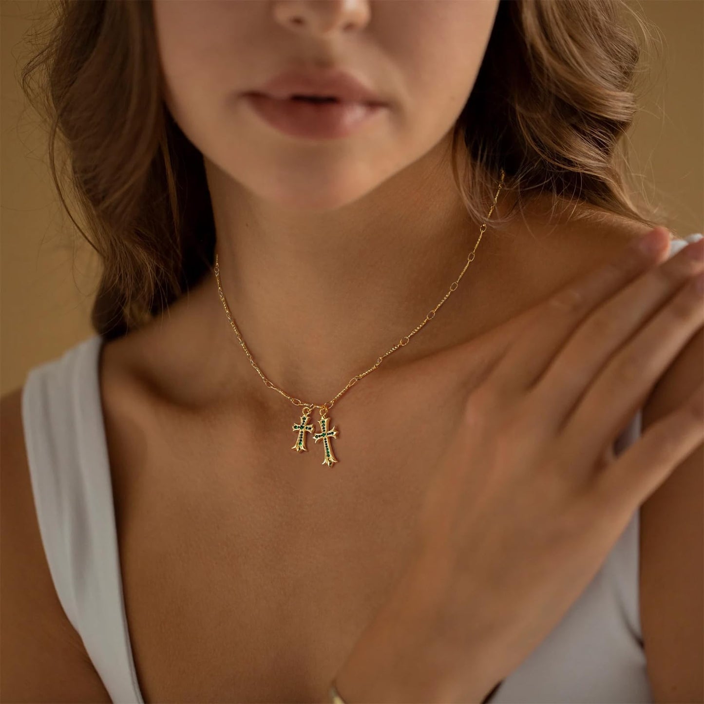 Cross Necklace 14K Gold/Silver Plated Double Cross Pendant Necklace