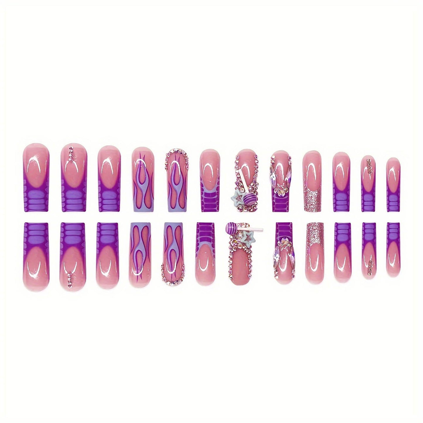 24Pcs Red French Tip Fake Nails Long Square Press on Nails pink Full Cover Glue on Nails with 3D Flower