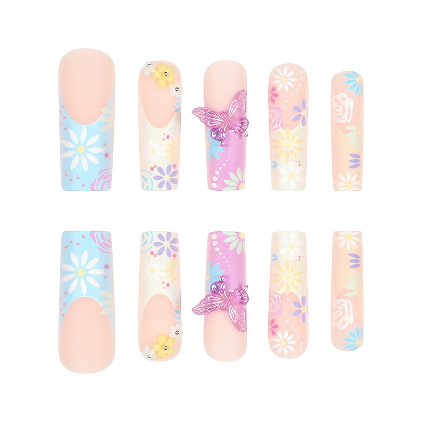 24Pcs Red French Tip Fake Nails Long Square Press on Nails pink Full Cover Glue on Nails with 3D Flower