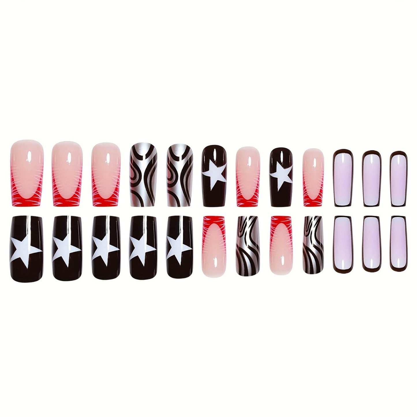 24Pcs Red French Tip Fake Nails Long Square Press on Nails pink Full Cover Glue on Nails with 3D Flower