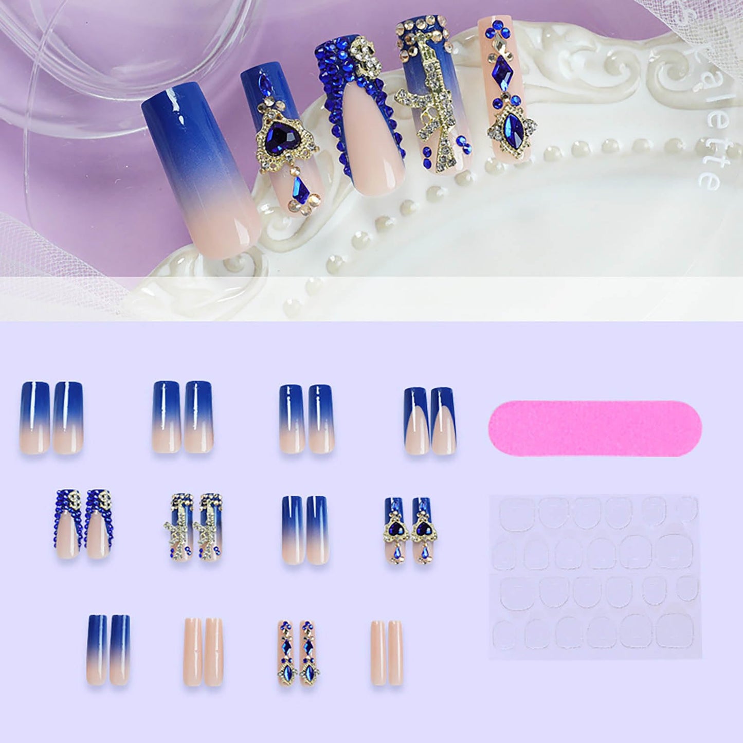 24Pcs Red French Tip Fake Nails Long Square Press on Nails pink Full Cover Glue on Nails with 3D Flower