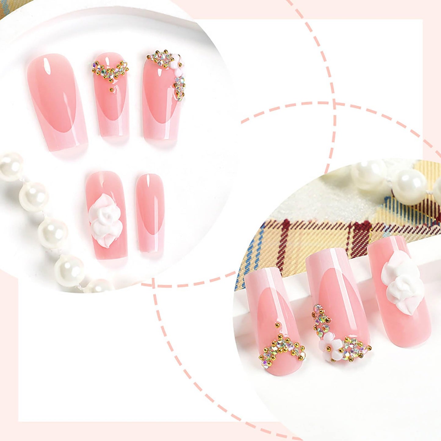 24Pcs Red French Tip Fake Nails Long Square Press on Nails pink Full Cover Glue on Nails with 3D Flower