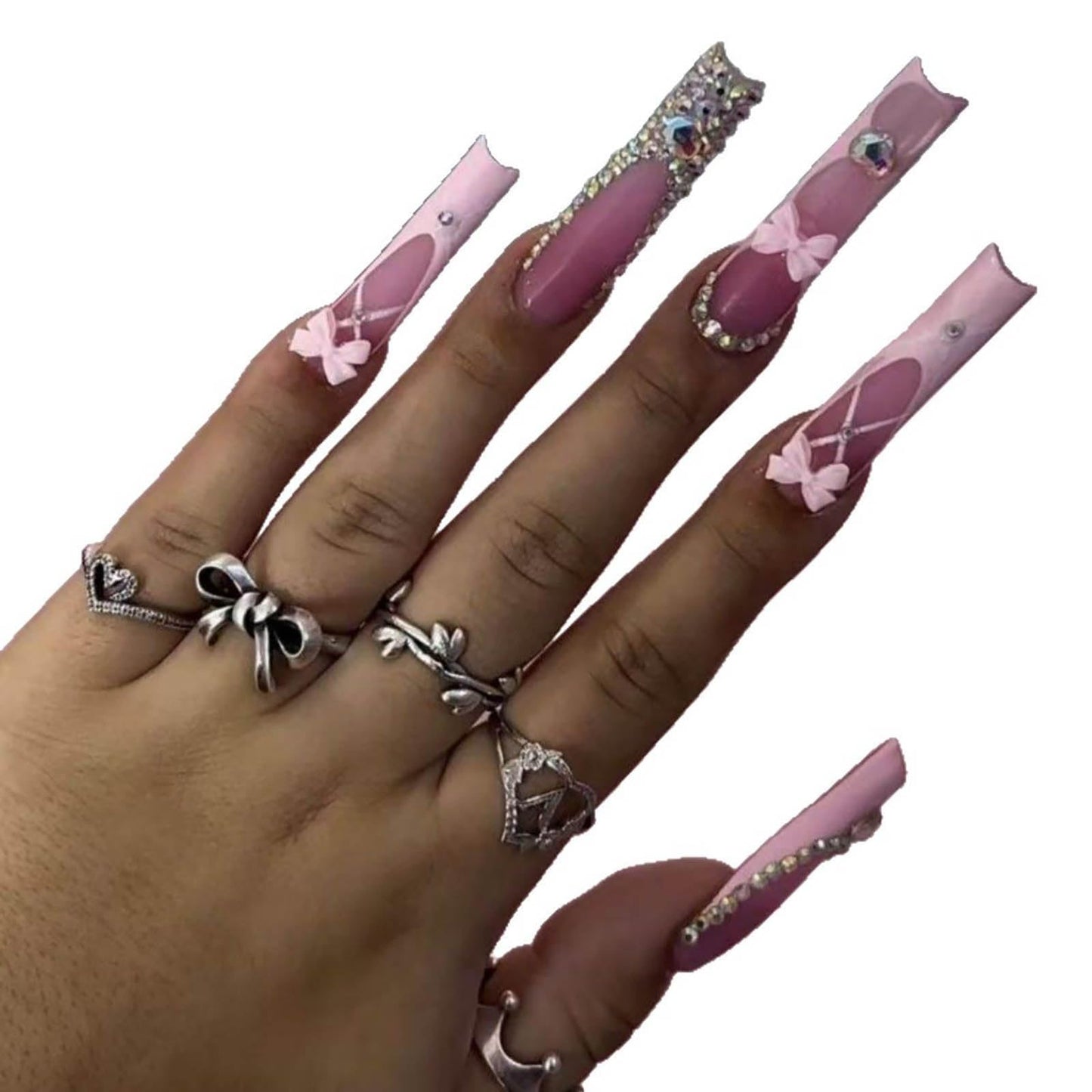 24Pcs Red French Tip Fake Nails Long Square Press on Nails pink Full Cover Glue on Nails with 3D Flower