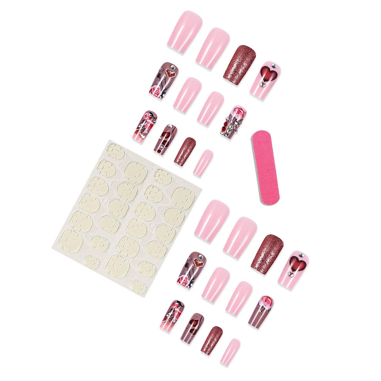 24Pcs Red French Tip Fake Nails Long Square Press on Nails pink Full Cover Glue on Nails with 3D Flower