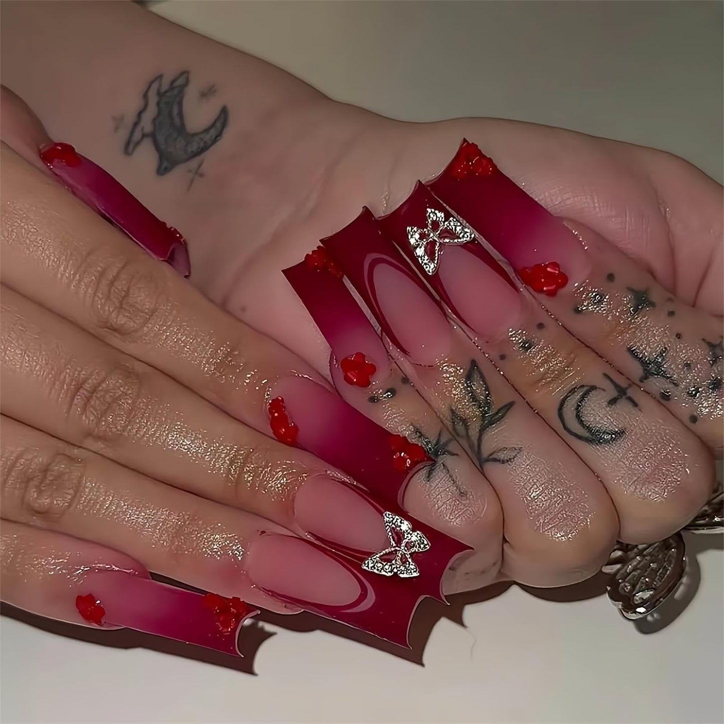 24Pcs Red French Tip Fake Nails Long Square Press on Nails pink Full Cover Glue on Nails with 3D Flower