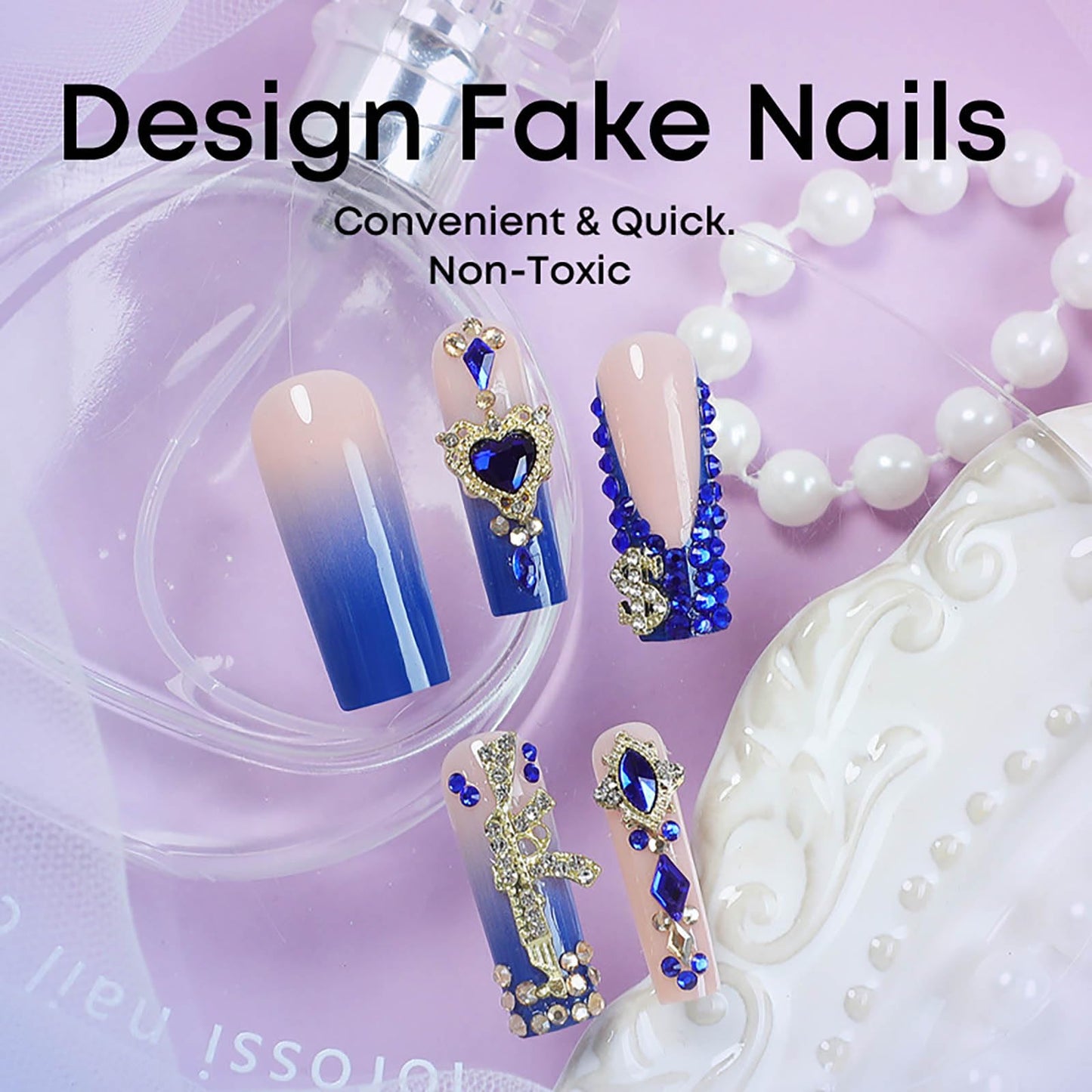 24Pcs Red French Tip Fake Nails Long Square Press on Nails pink Full Cover Glue on Nails with 3D Flower
