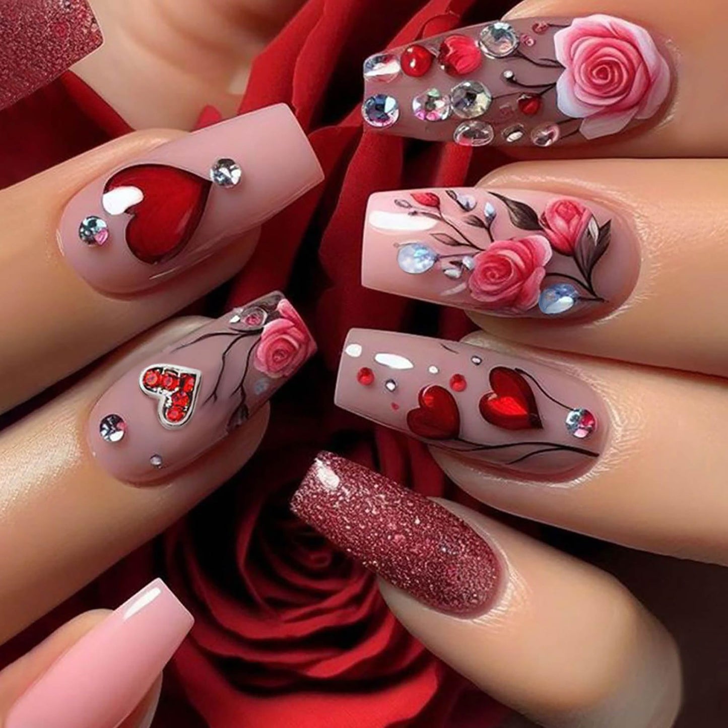 24Pcs Red French Tip Fake Nails Long Square Press on Nails pink Full Cover Glue on Nails with 3D Flower