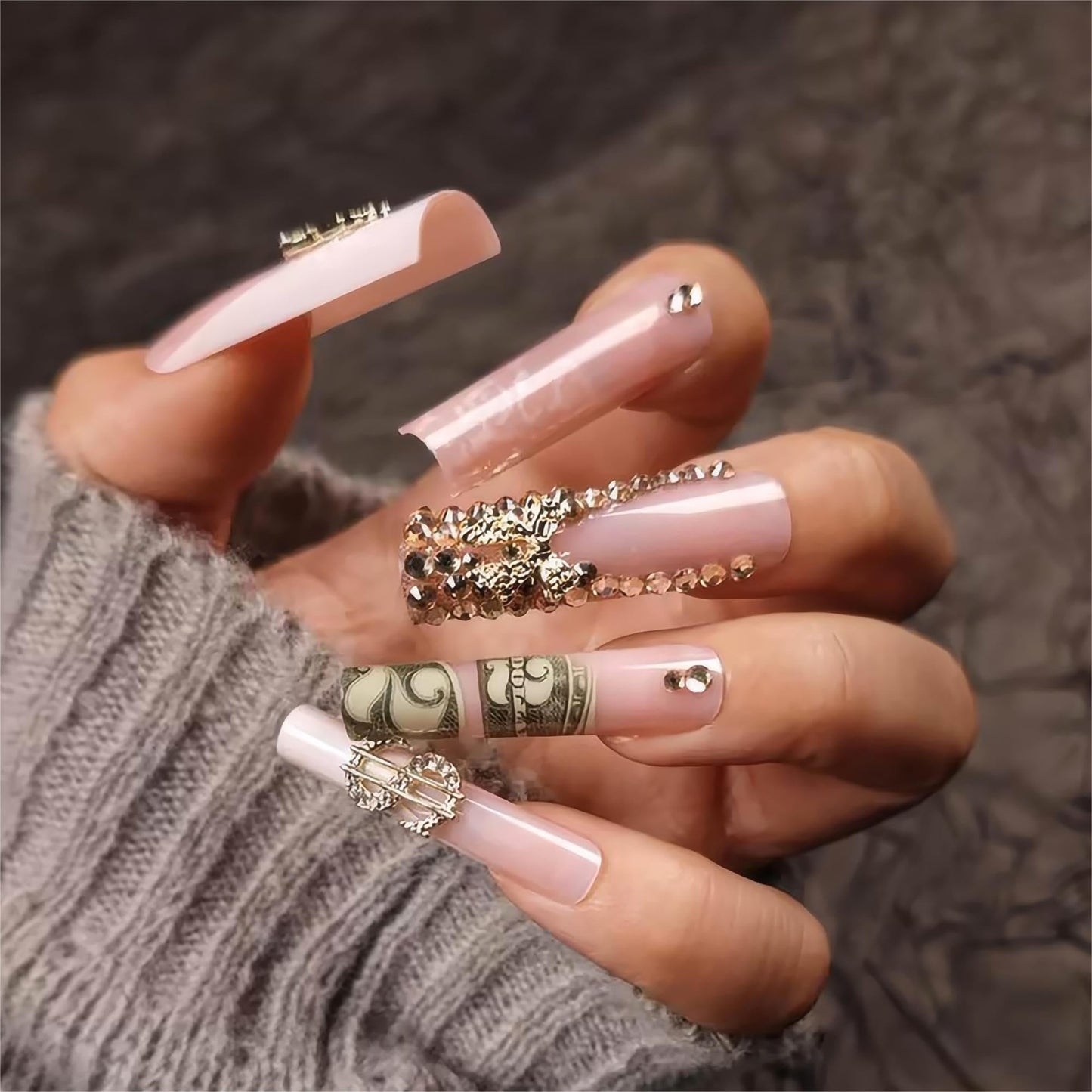 24Pcs Red French Tip Fake Nails Long Square Press on Nails pink Full Cover Glue on Nails with 3D Flower