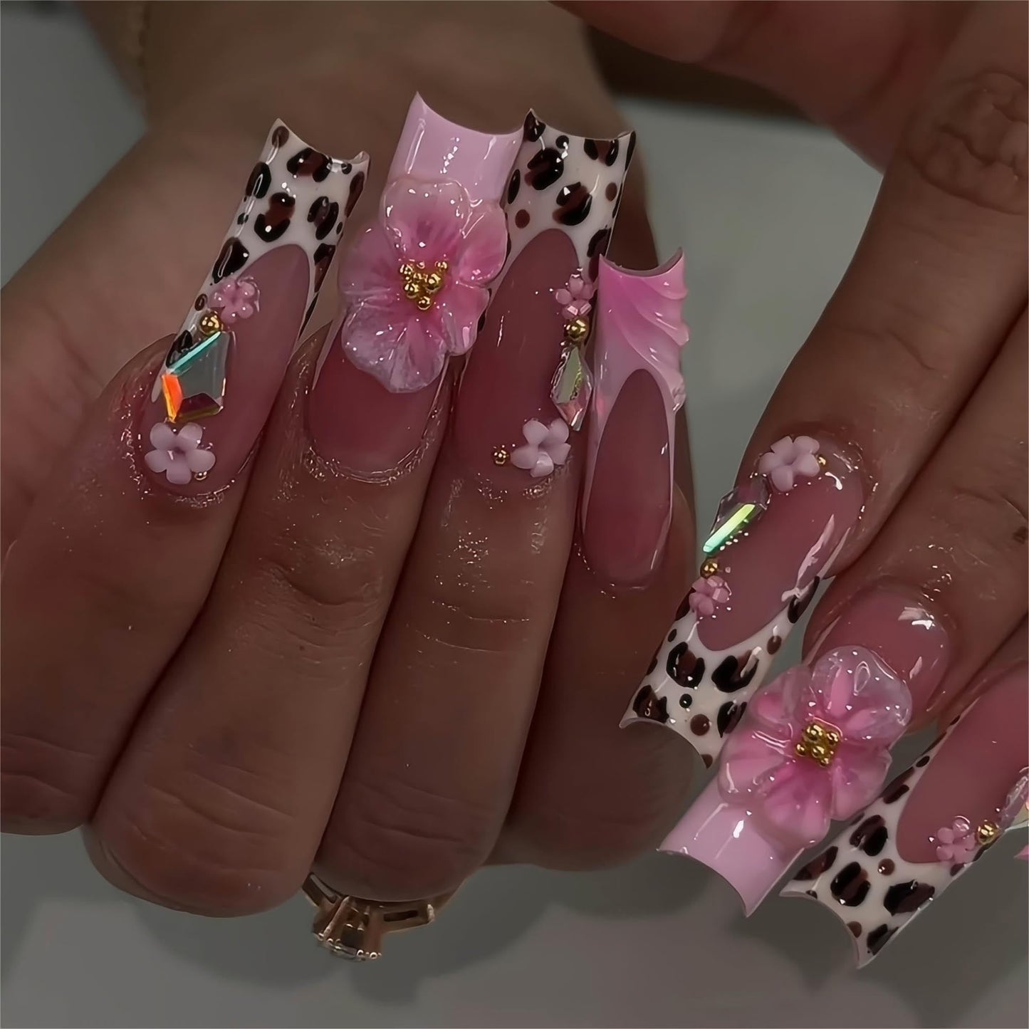 24Pcs Red French Tip Fake Nails Long Square Press on Nails pink Full Cover Glue on Nails with 3D Flower
