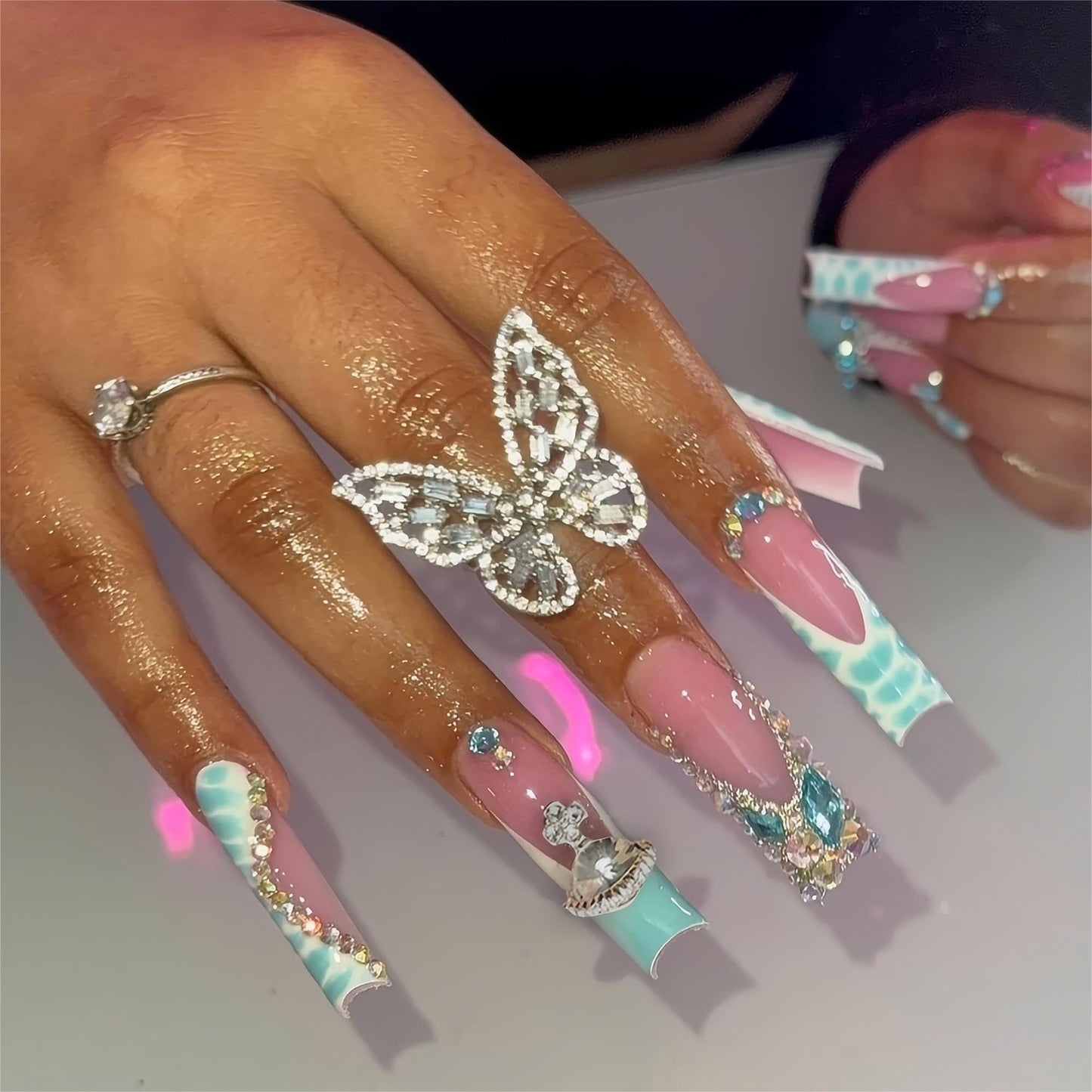 24Pcs Red French Tip Fake Nails Long Square Press on Nails pink Full Cover Glue on Nails with 3D Flower