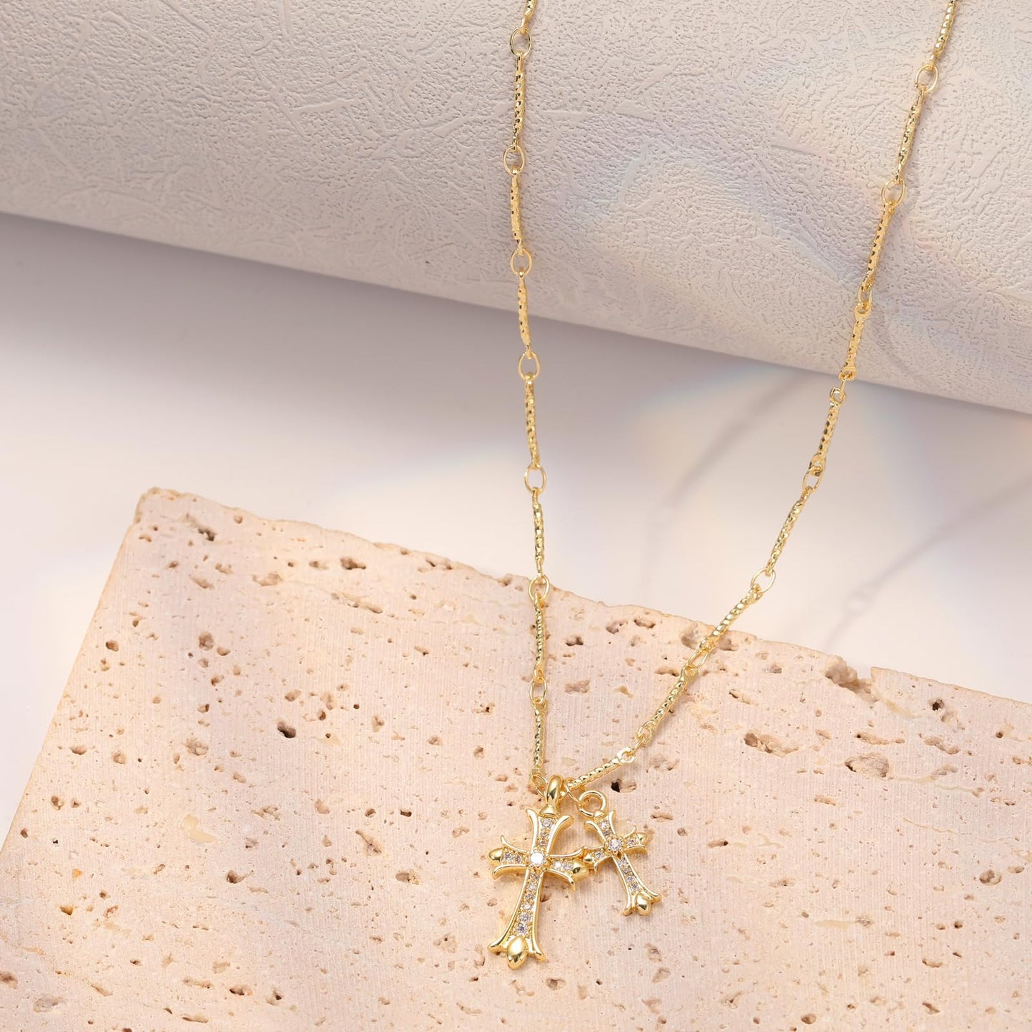 Cross Necklace 14K Gold/Silver Plated Double Cross Pendant Necklace
