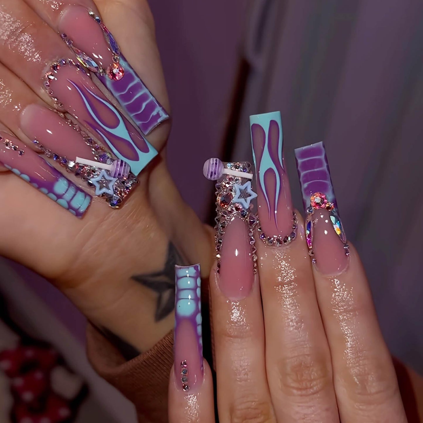 24Pcs Red French Tip Fake Nails Long Square Press on Nails pink Full Cover Glue on Nails with 3D Flower