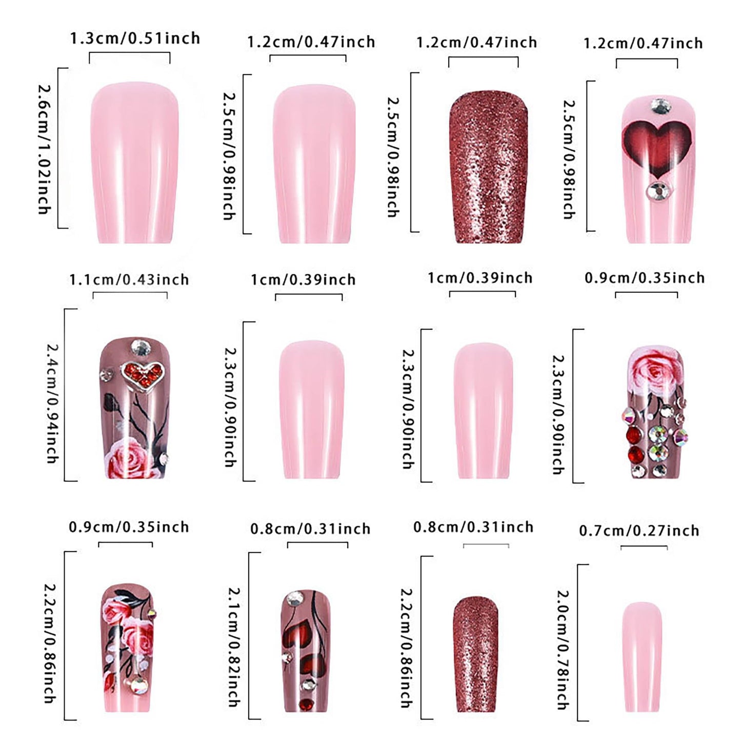 24Pcs Red French Tip Fake Nails Long Square Press on Nails pink Full Cover Glue on Nails with 3D Flower