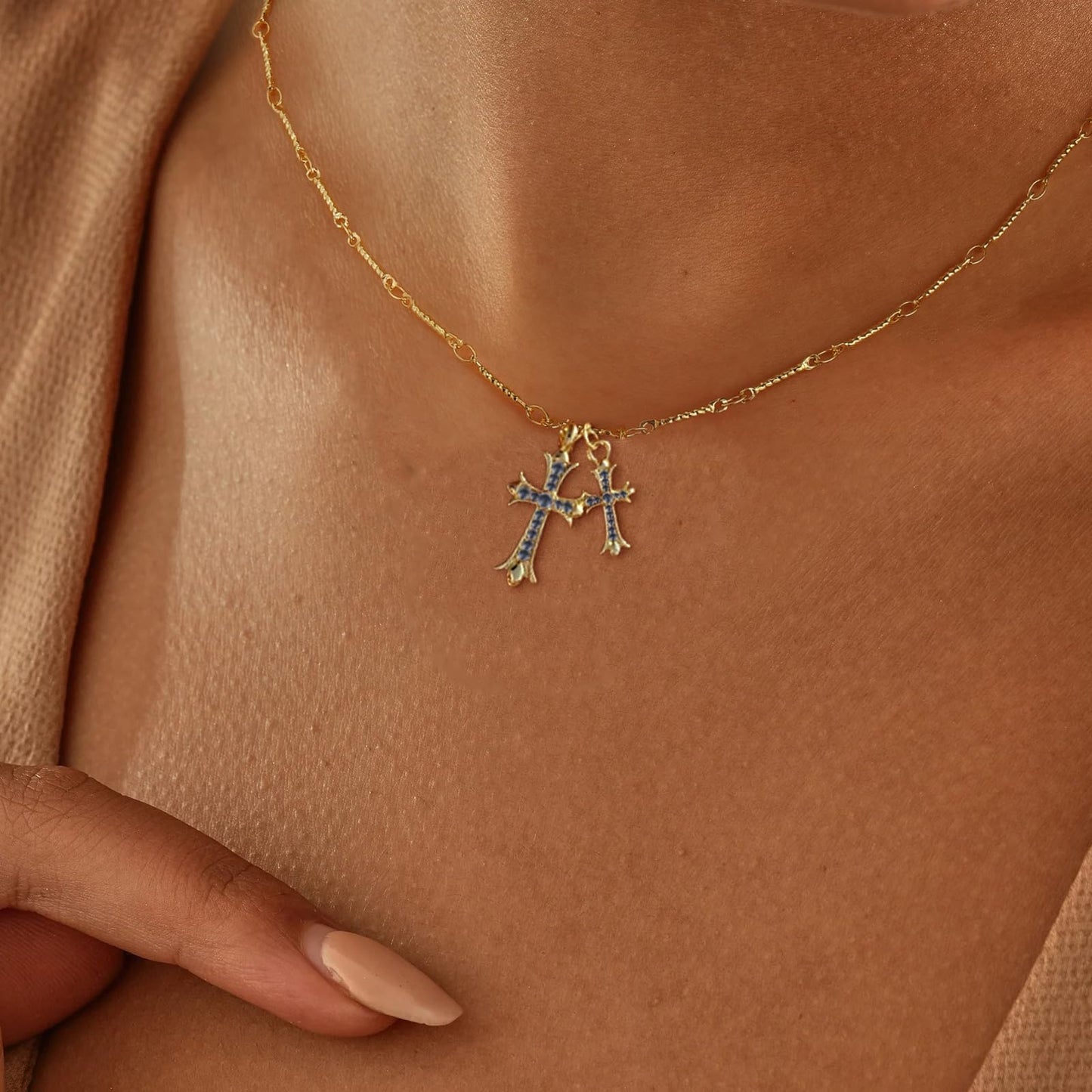 Cross Necklace 14K Gold/Silver Plated Double Cross Pendant Necklace