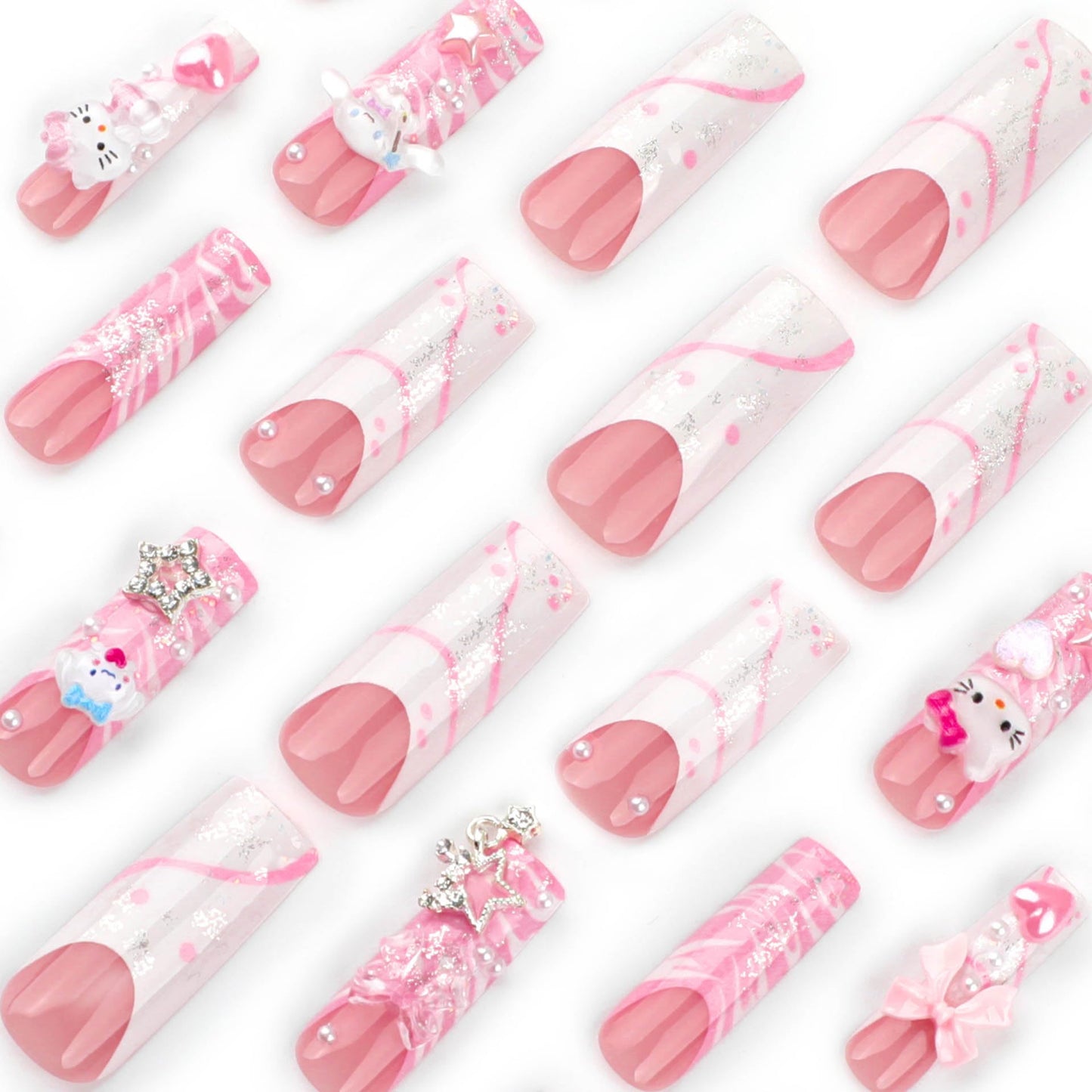 24Pcs Red French Tip Fake Nails Long Square Press on Nails pink Full Cover Glue on Nails with 3D Flower