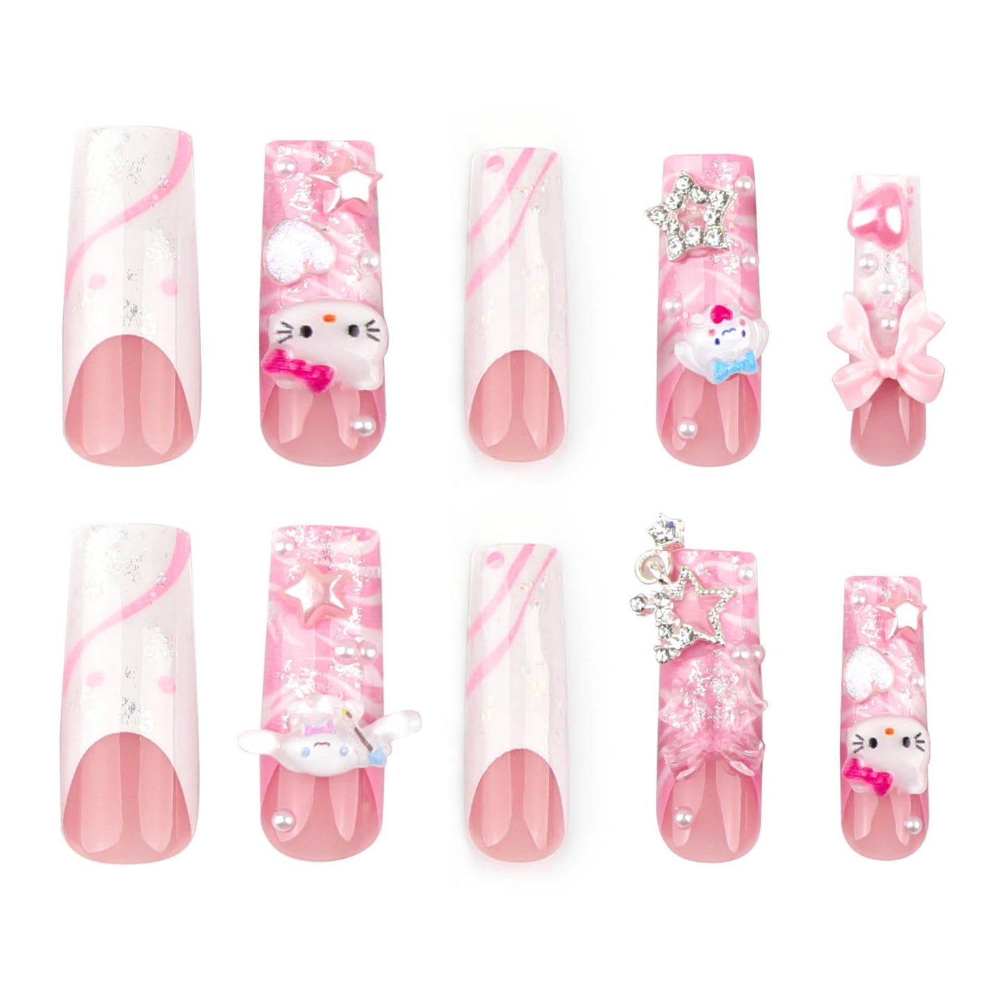 24Pcs Red French Tip Fake Nails Long Square Press on Nails pink Full Cover Glue on Nails with 3D Flower