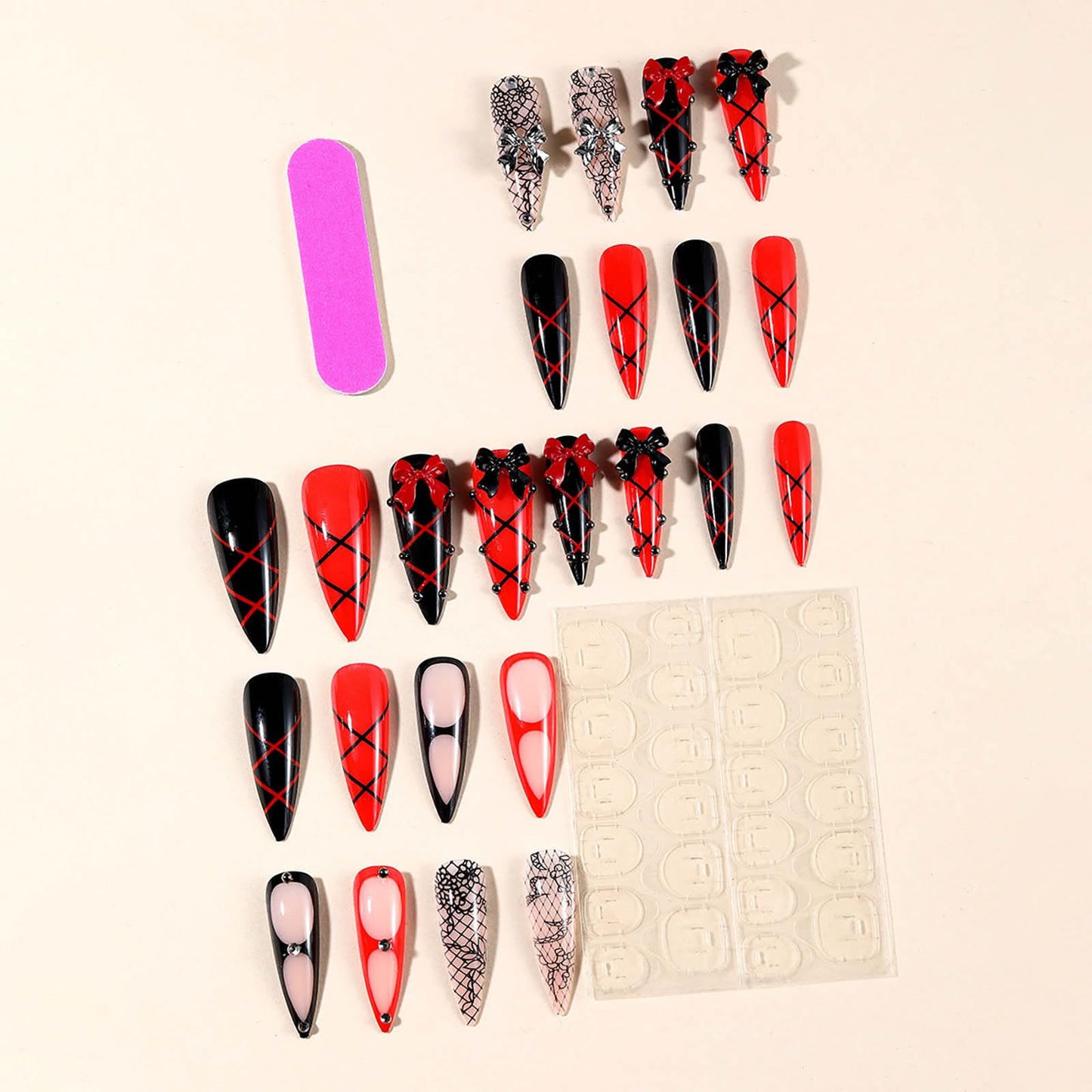 24Pcs Red French Tip Fake Nails Long Square Press on Nails pink Full Cover Glue on Nails with 3D Flower