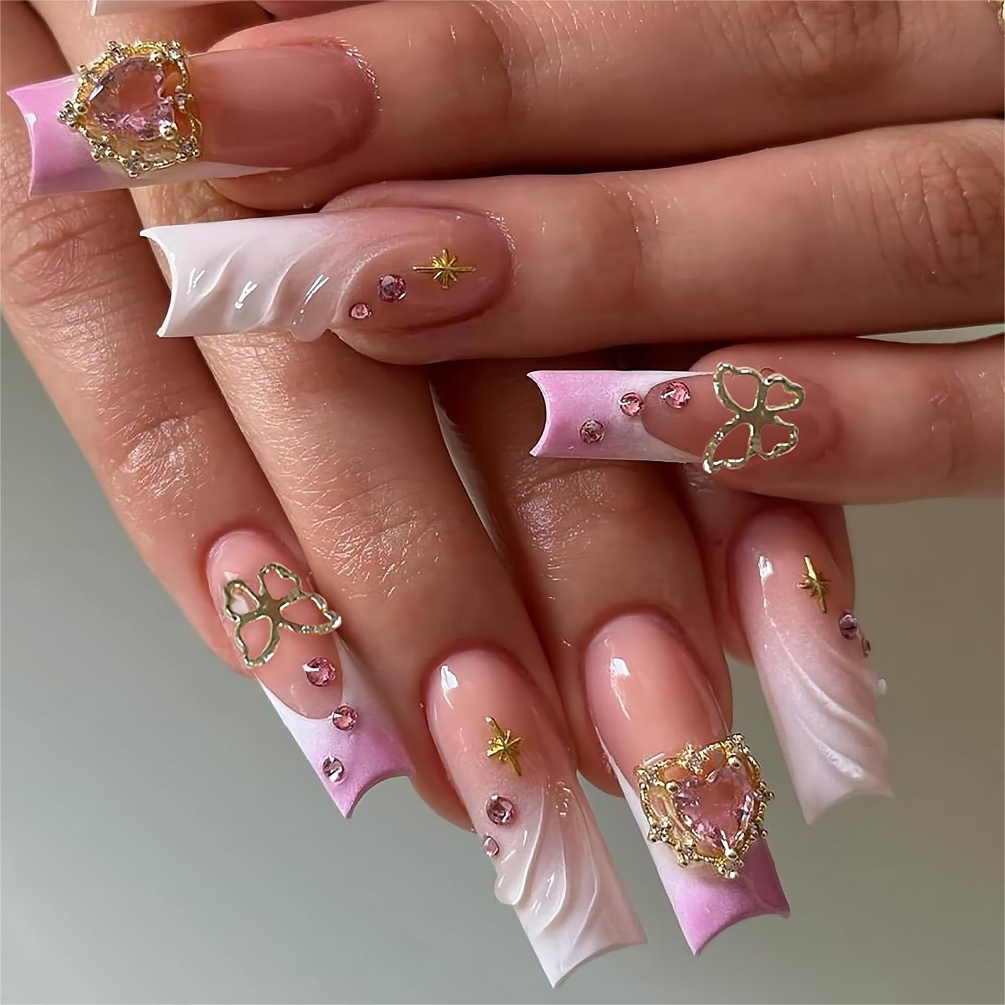 24Pcs Red French Tip Fake Nails Long Square Press on Nails pink Full Cover Glue on Nails with 3D Flower