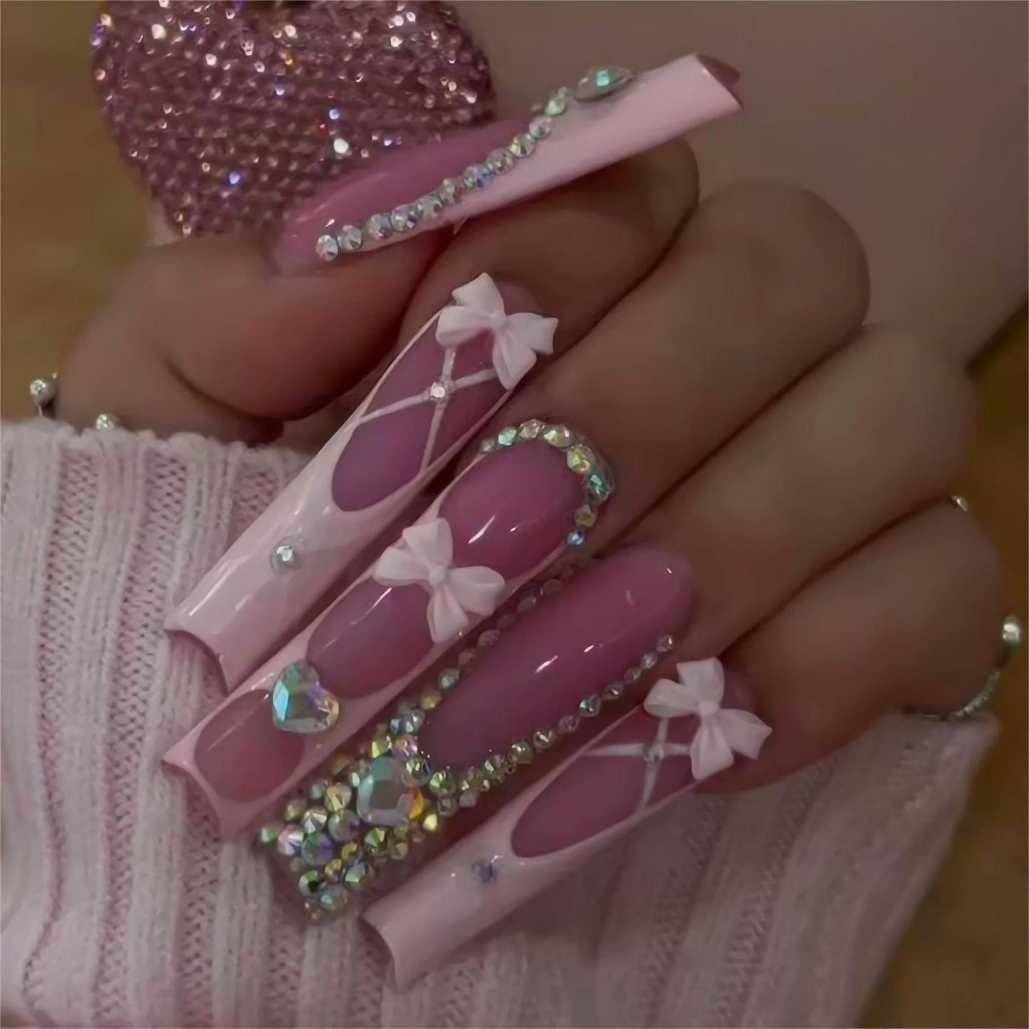 24Pcs Red French Tip Fake Nails Long Square Press on Nails pink Full Cover Glue on Nails with 3D Flower