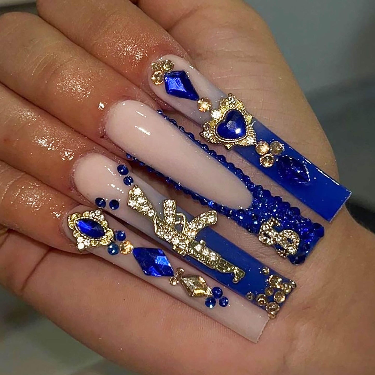 24Pcs Red French Tip Fake Nails Long Square Press on Nails pink Full Cover Glue on Nails with 3D Flower
