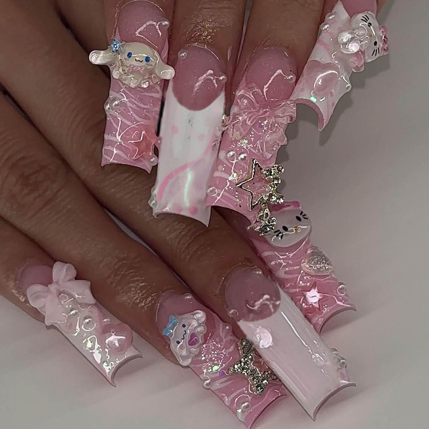 24Pcs Red French Tip Fake Nails Long Square Press on Nails pink Full Cover Glue on Nails with 3D Flower