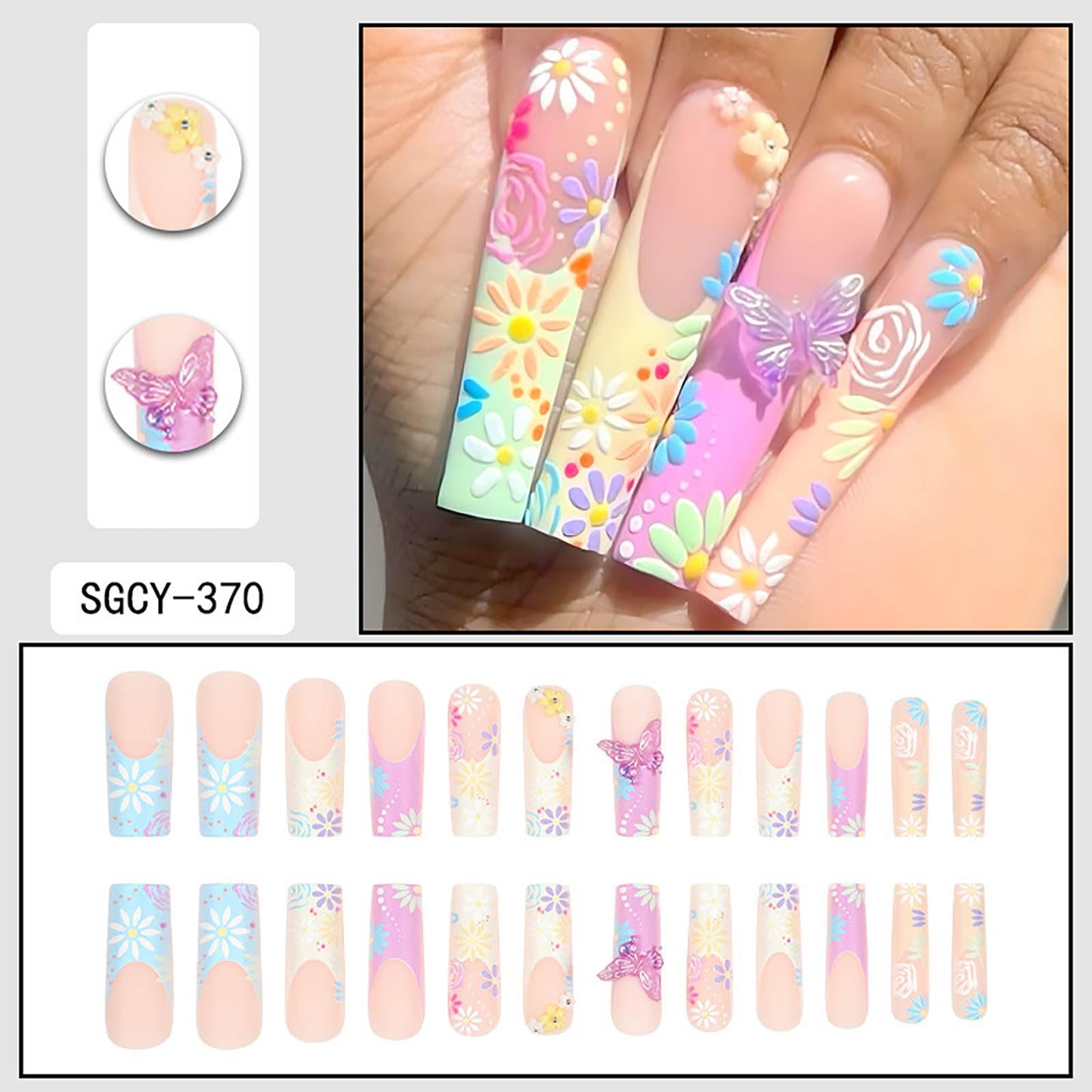 24Pcs Red French Tip Fake Nails Long Square Press on Nails pink Full Cover Glue on Nails with 3D Flower