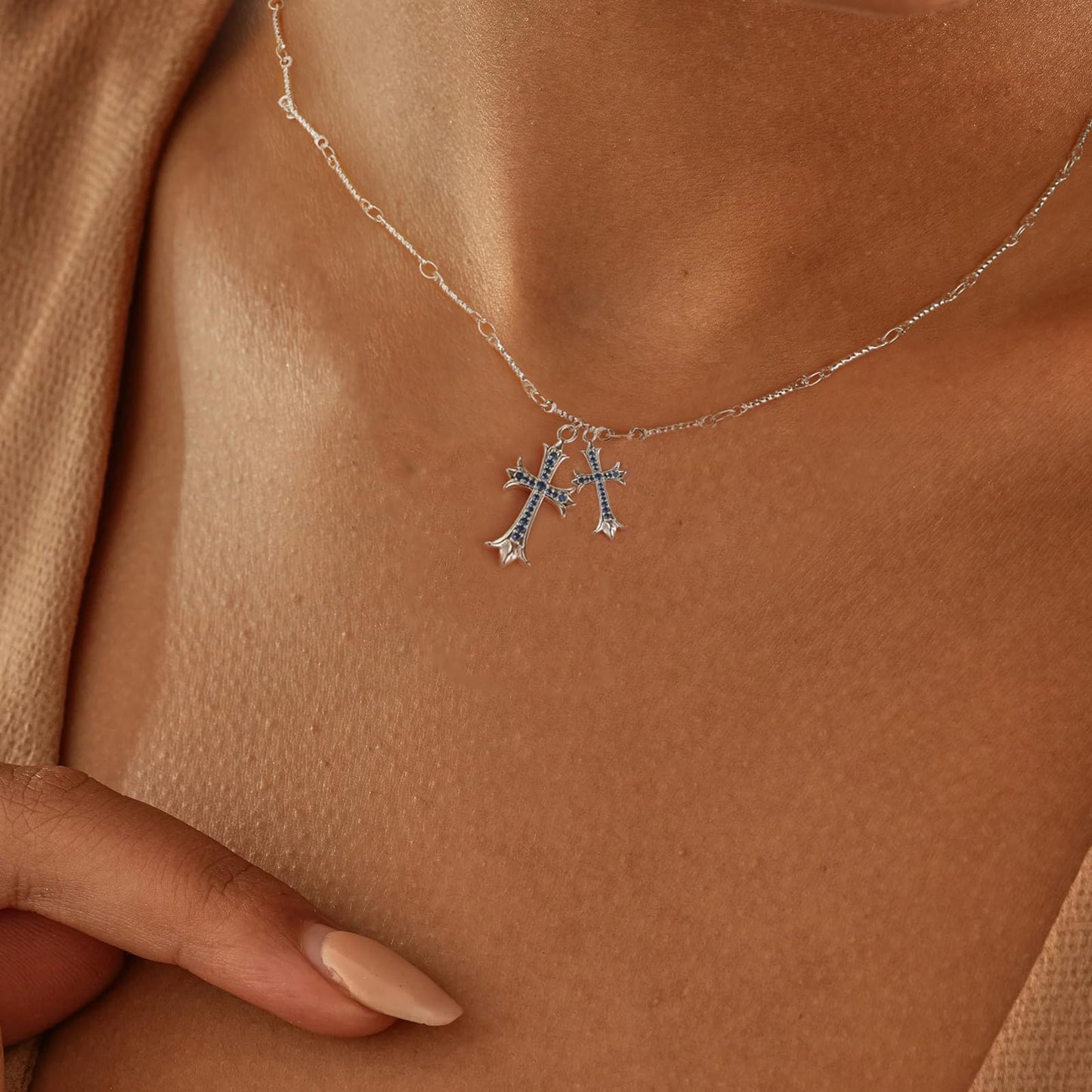Cross Necklace 14K Gold/Silver Plated Double Cross Pendant Necklace