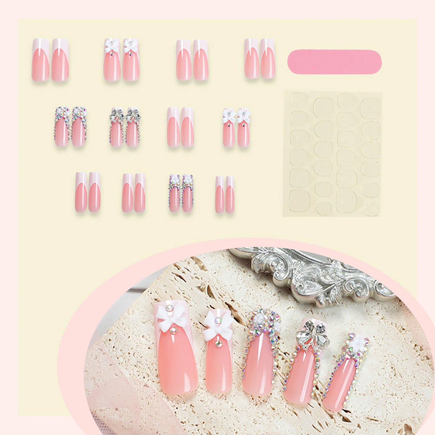 24Pcs Red French Tip Fake Nails Long Square Press on Nails pink Full Cover Glue on Nails with 3D Flower