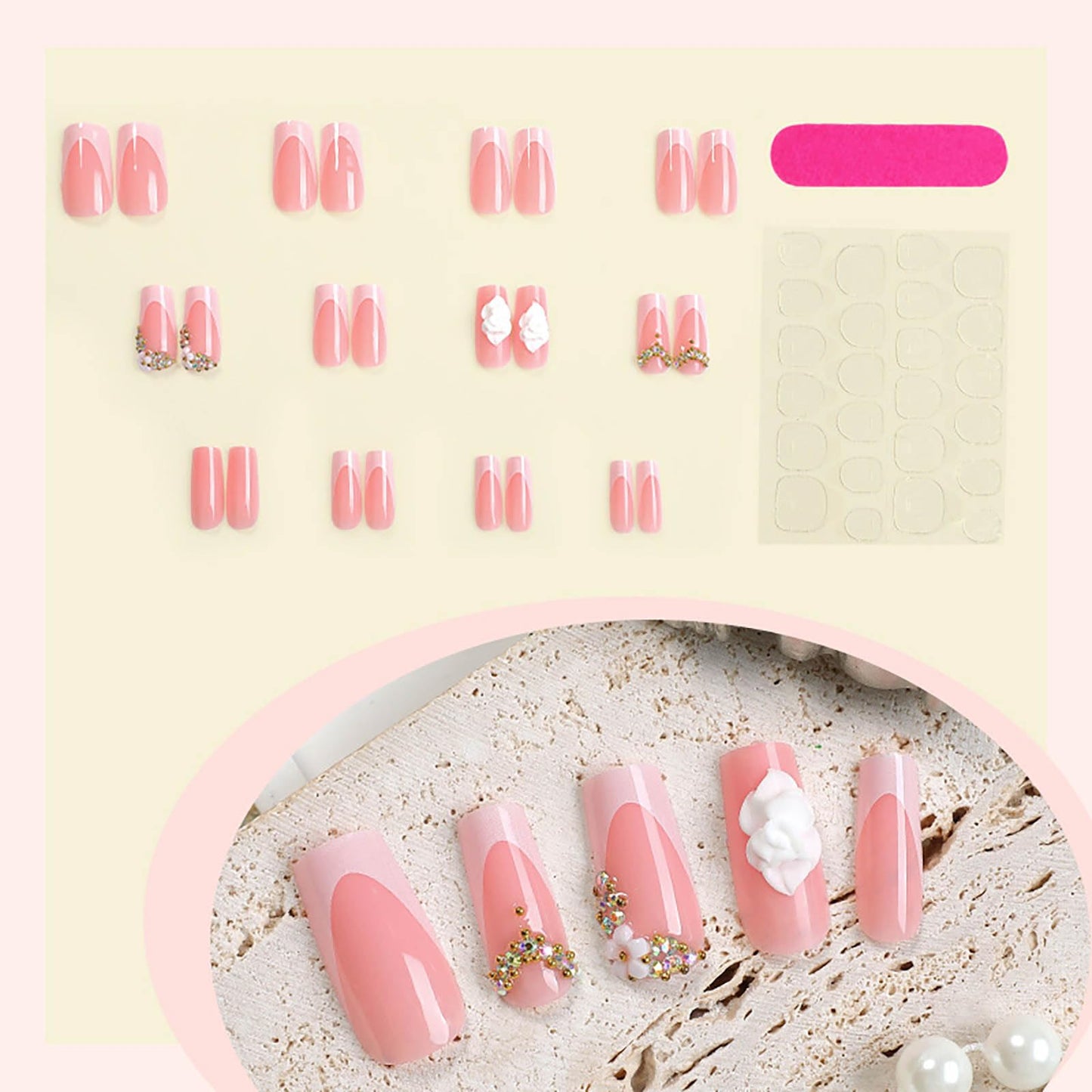 24Pcs Red French Tip Fake Nails Long Square Press on Nails pink Full Cover Glue on Nails with 3D Flower
