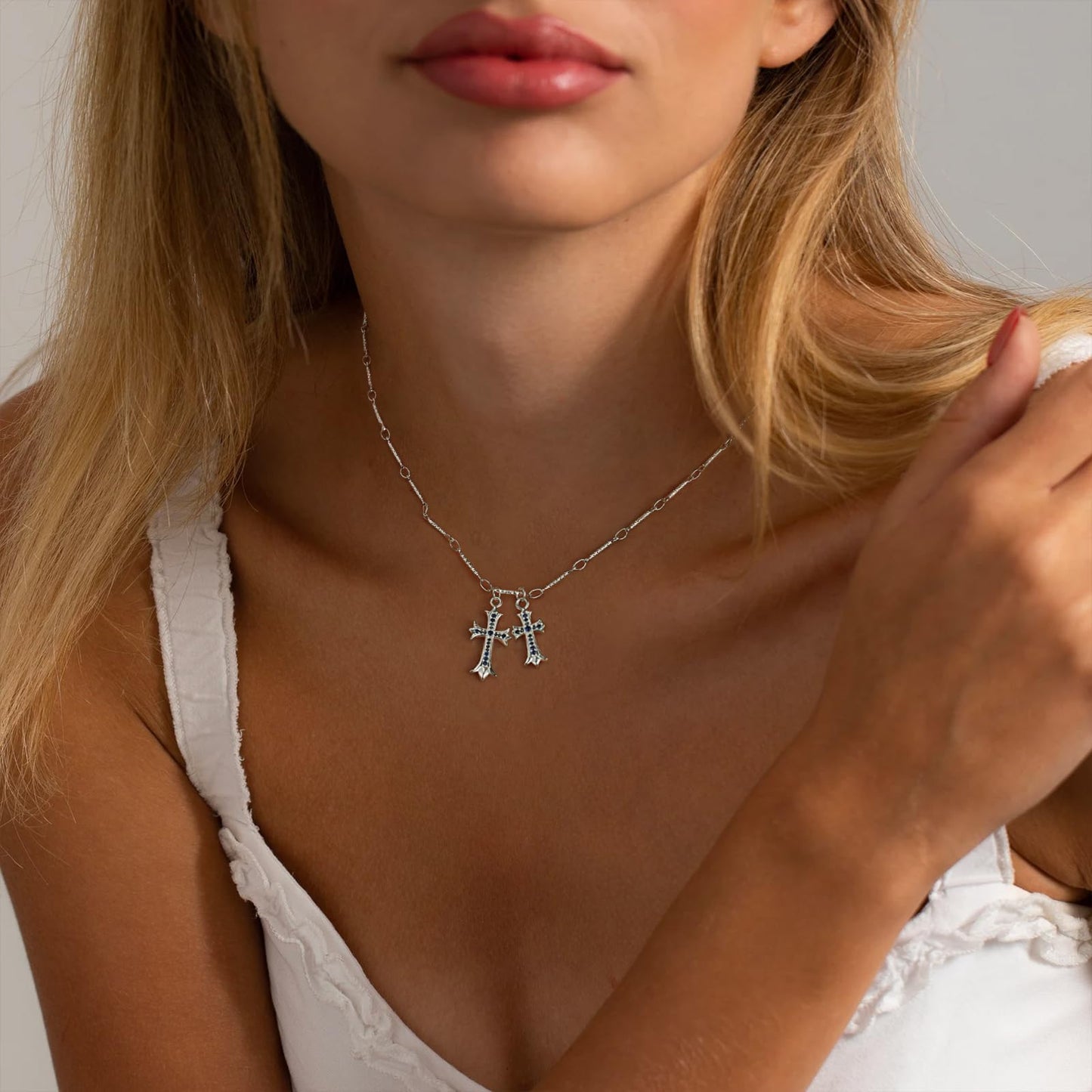 Cross Necklace 14K Gold/Silver Plated Double Cross Pendant Necklace