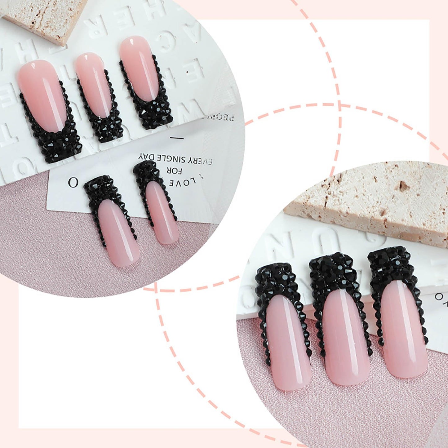 24Pcs Red French Tip Fake Nails Long Square Press on Nails pink Full Cover Glue on Nails with 3D Flower
