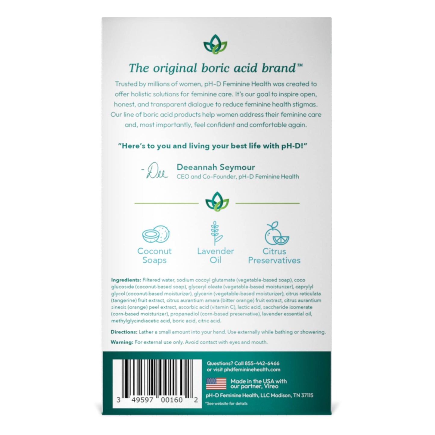 pH-D Feminine Health Support - Boric Acid Foam Wash - pH-Balanced, Paraben-Free, and Plant-based