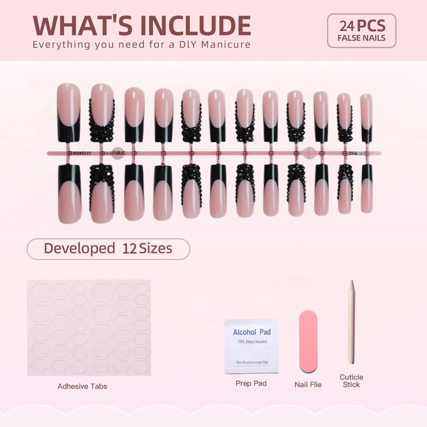 24Pcs Red French Tip Fake Nails Long Square Press on Nails pink Full Cover Glue on Nails with 3D Flower