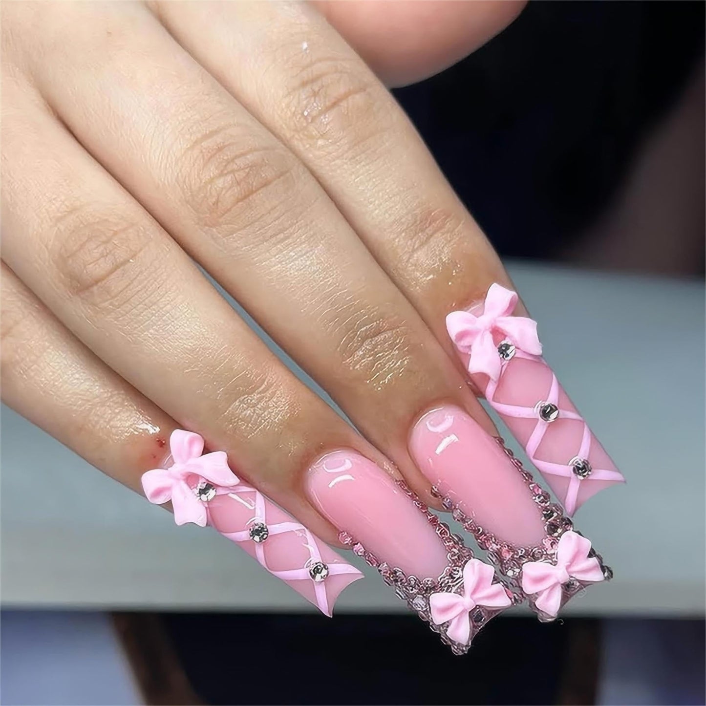 24Pcs Red French Tip Fake Nails Long Square Press on Nails pink Full Cover Glue on Nails with 3D Flower