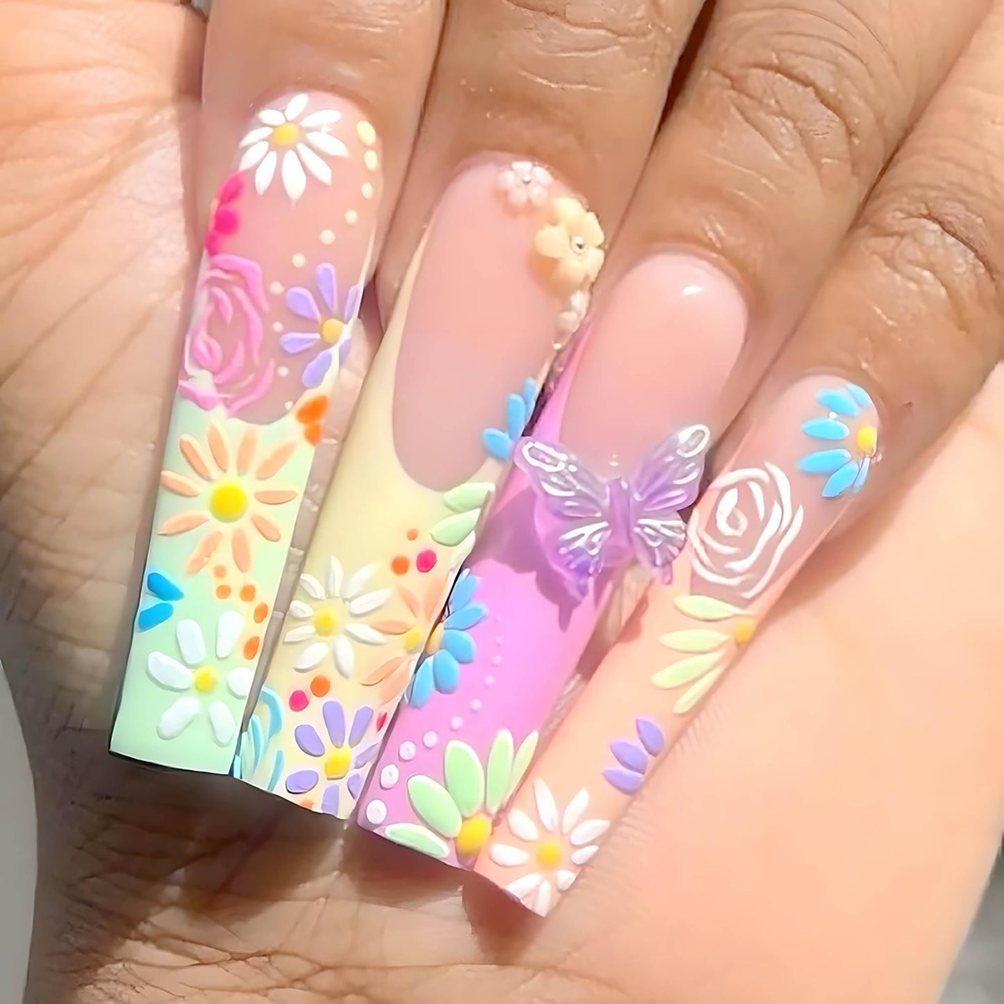 24Pcs Red French Tip Fake Nails Long Square Press on Nails pink Full Cover Glue on Nails with 3D Flower