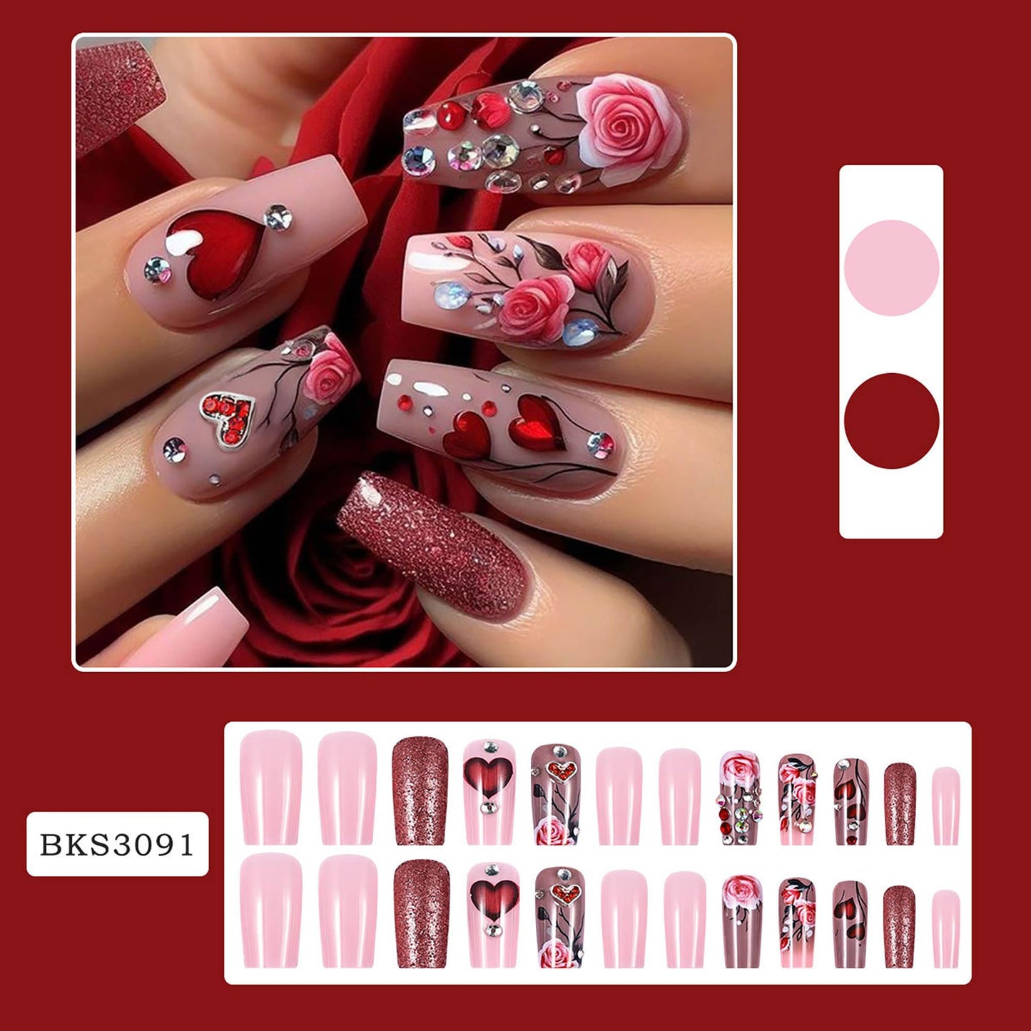 24Pcs Red French Tip Fake Nails Long Square Press on Nails pink Full Cover Glue on Nails with 3D Flower