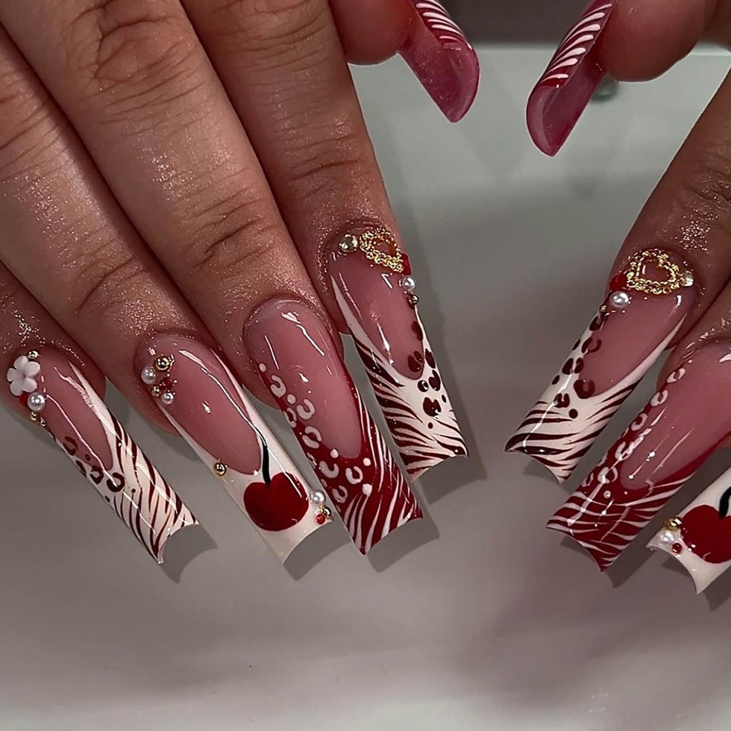 24Pcs Red French Tip Fake Nails Long Square Press on Nails pink Full Cover Glue on Nails with 3D Flower