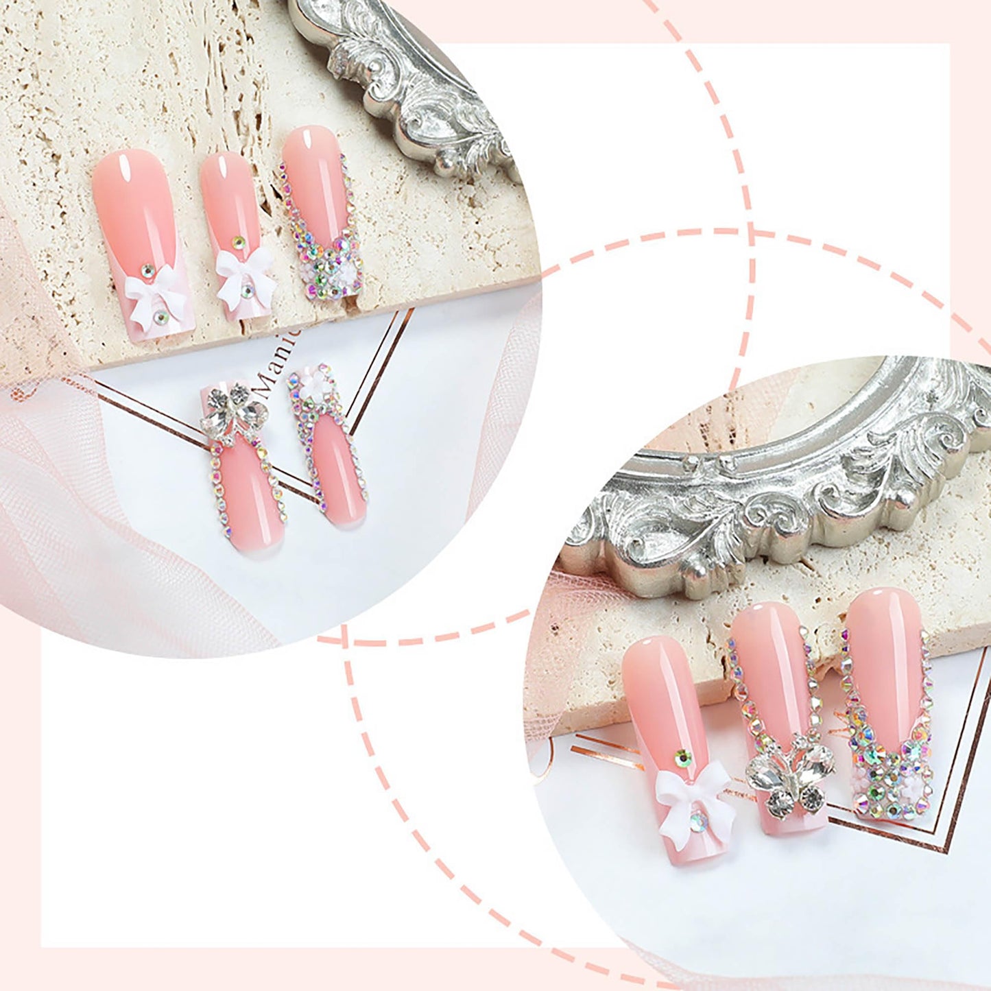 24Pcs Red French Tip Fake Nails Long Square Press on Nails pink Full Cover Glue on Nails with 3D Flower