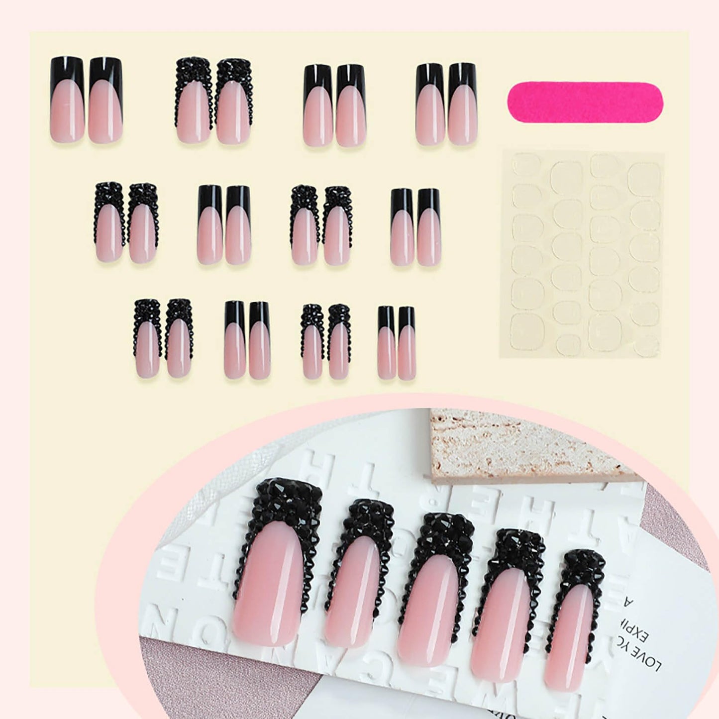 24Pcs Red French Tip Fake Nails Long Square Press on Nails pink Full Cover Glue on Nails with 3D Flower