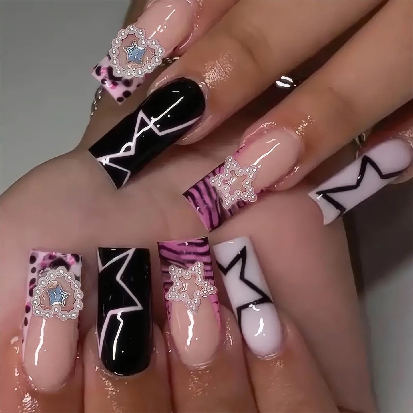 24Pcs Red French Tip Fake Nails Long Square Press on Nails pink Full Cover Glue on Nails with 3D Flower