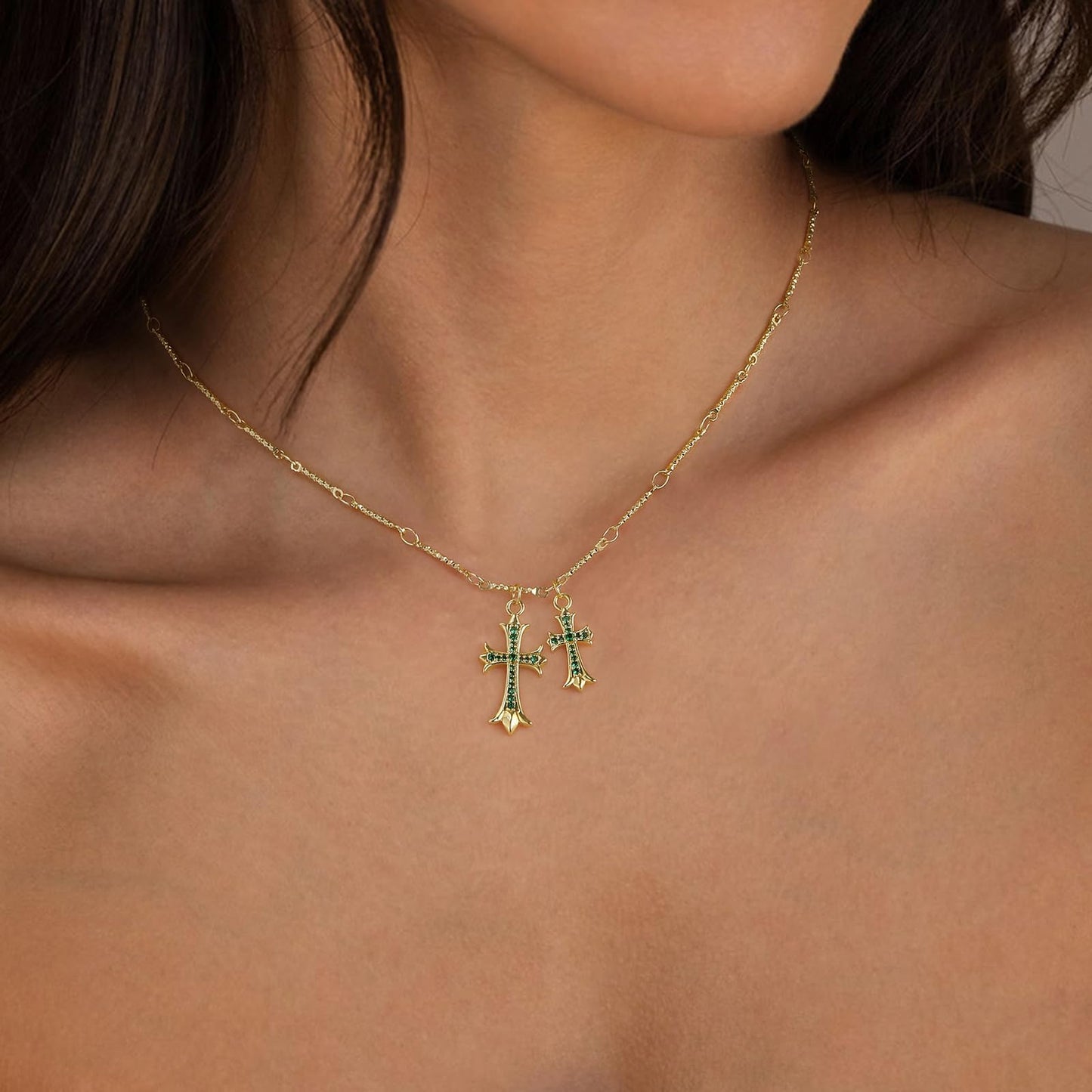Cross Necklace 14K Gold/Silver Plated Double Cross Pendant Necklace